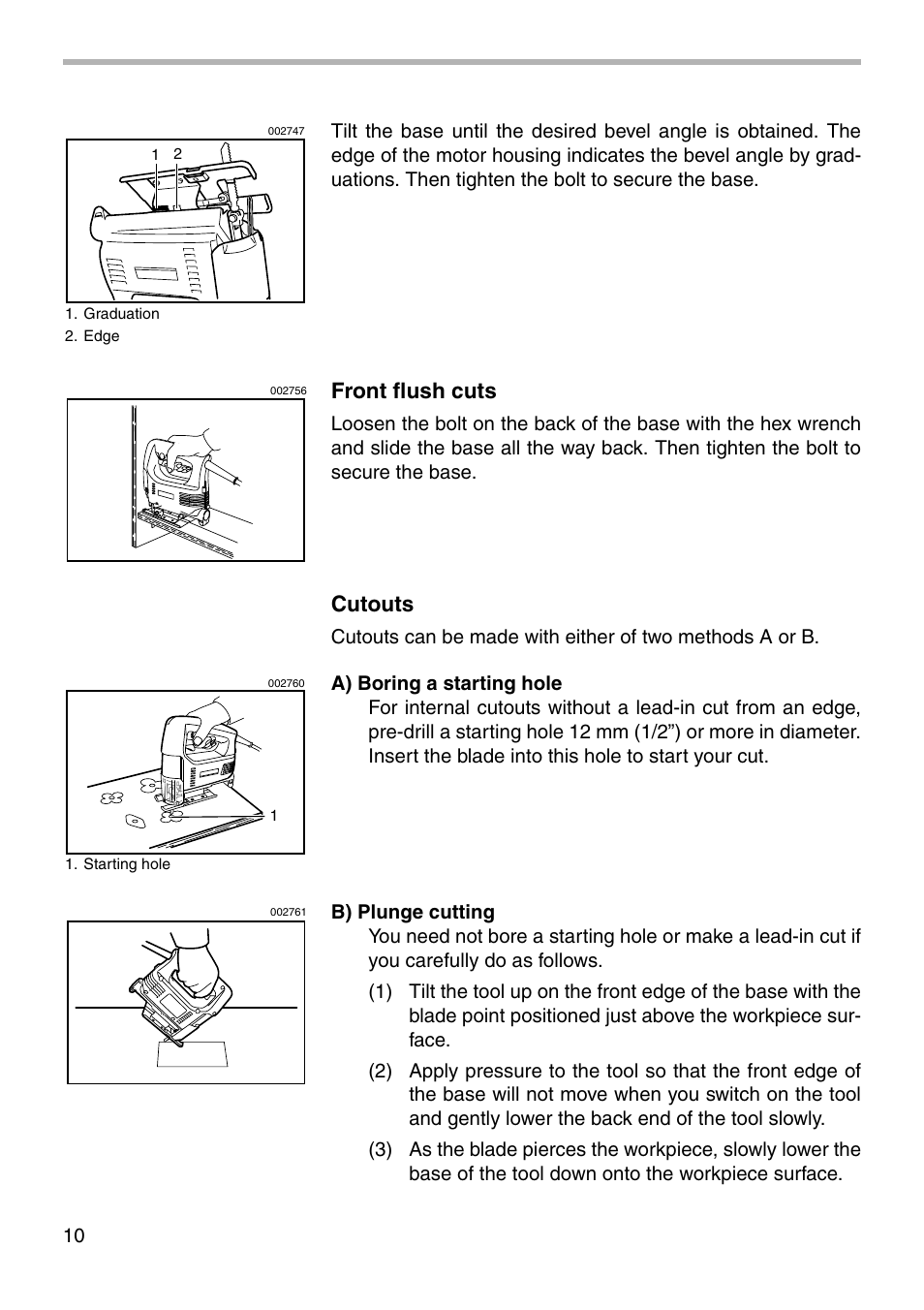 Front flush cuts, Cutouts | Makita 4323 User Manual | Page 10 / 20