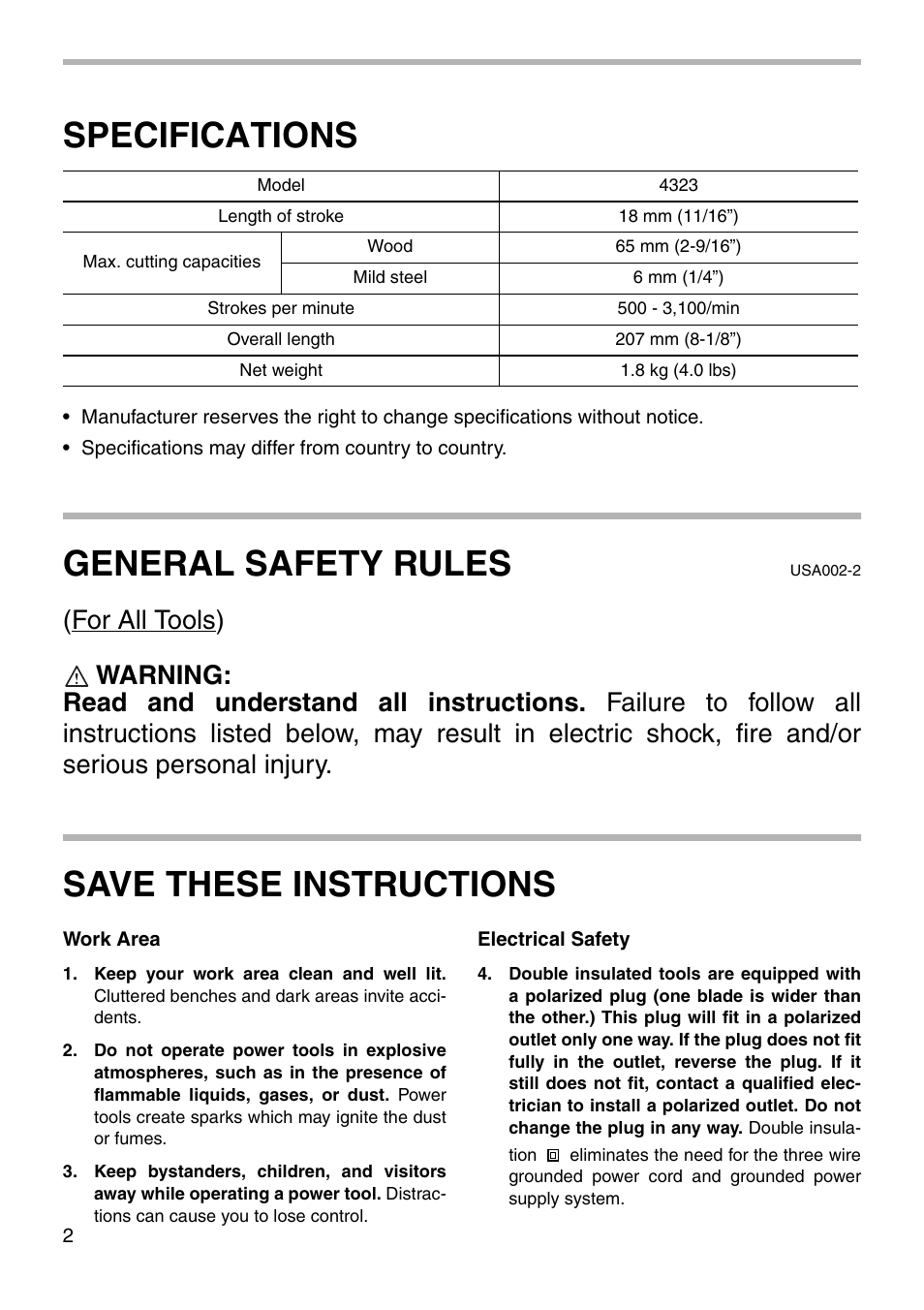 Specifications, General safety rules, Save these instructions | Makita 4323 User Manual | Page 2 / 20