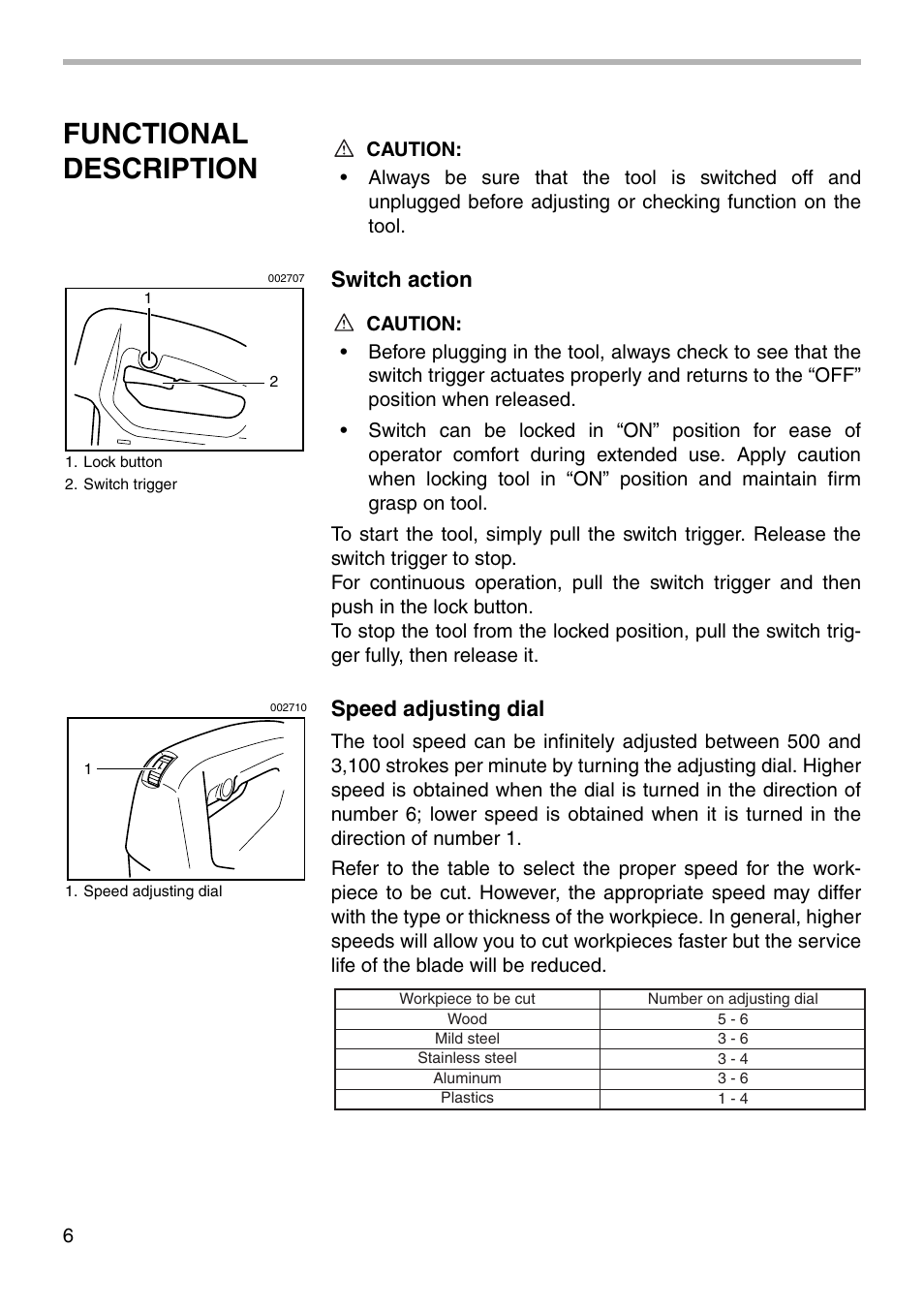 Functional description, Switch action, Speed adjusting dial | Makita 4323 User Manual | Page 6 / 20