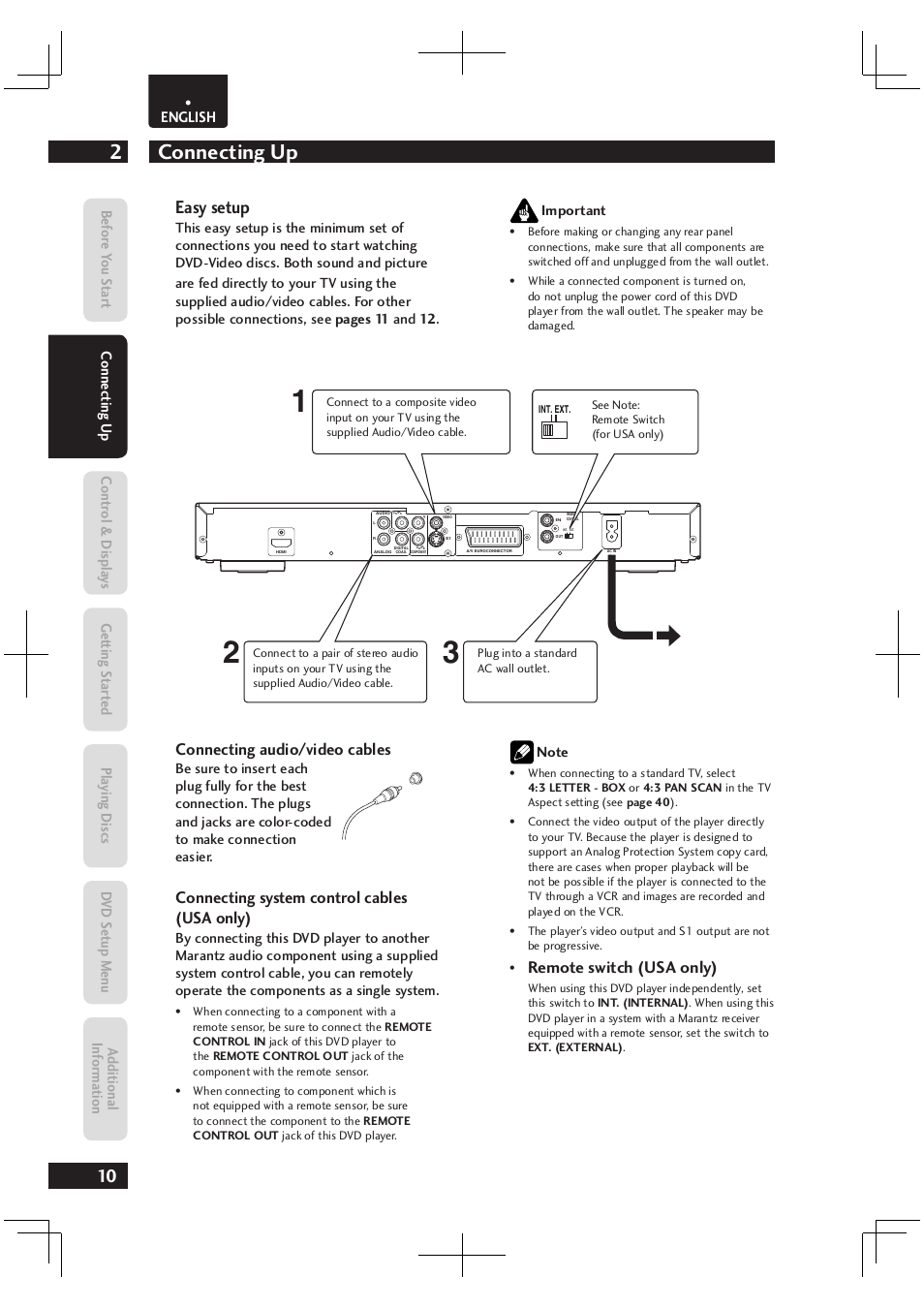 Connecting up 2, Easy setup, Connecting audio/video cables | Connecting system control cables (usa only), Remote switch (usa only), English | Marantz Dv4003 User Manual | Page 10 / 54