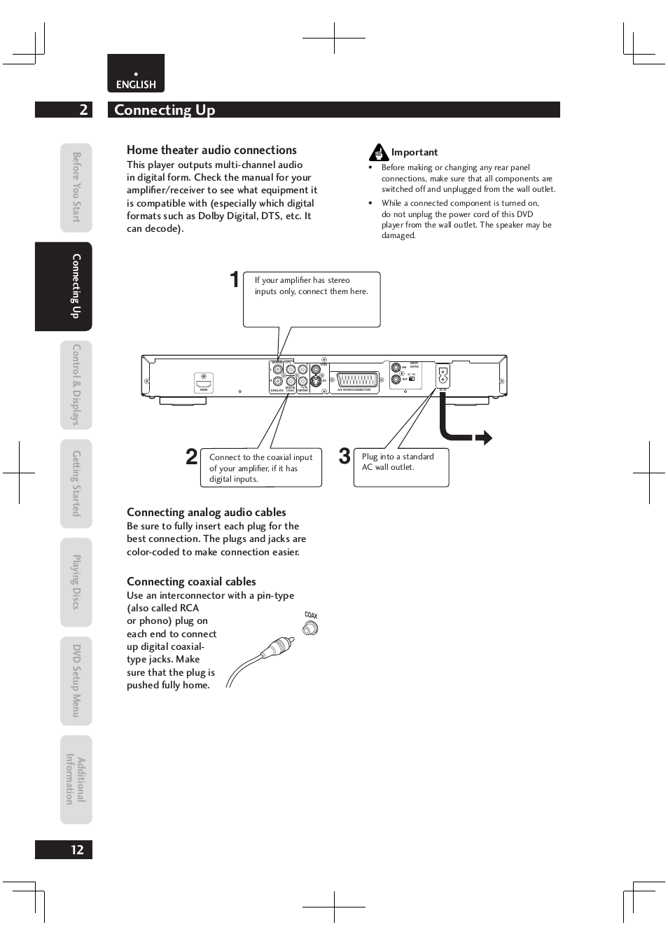 Connecting up 2, Home theater audio connections, Connecting analog audio cables | Connecting coaxial cables, English | Marantz Dv4003 User Manual | Page 12 / 54