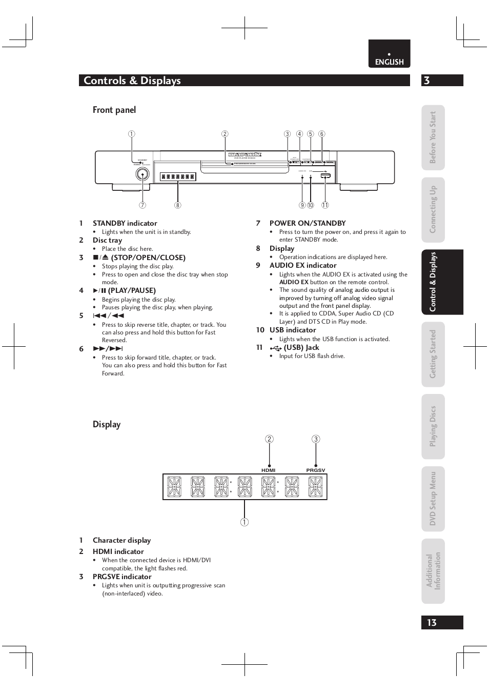 3controls & displays, Front panel, Display | Marantz Dv4003 User Manual | Page 13 / 54