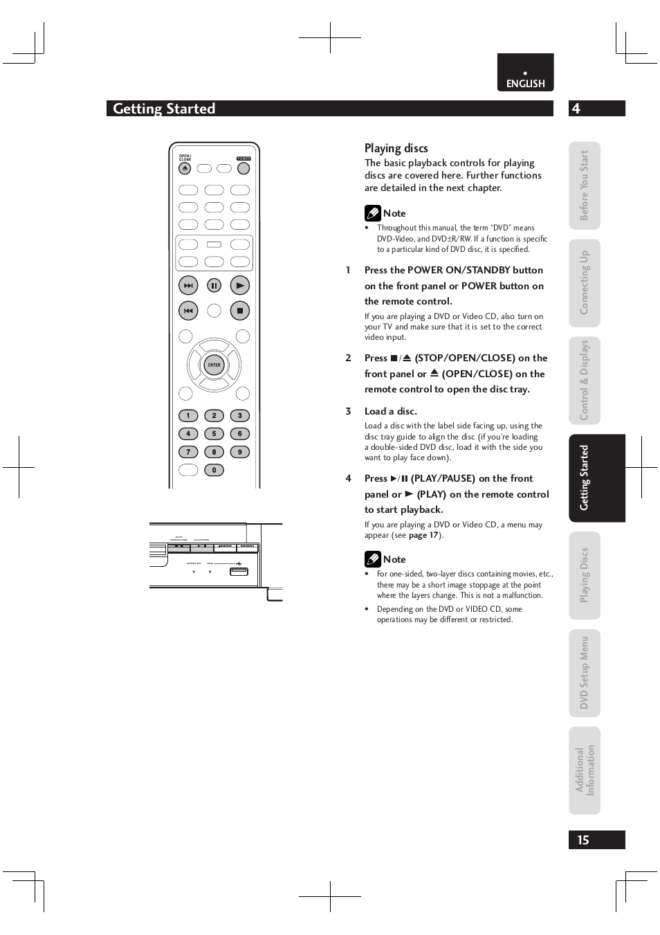 4getting started, Playing discs | Marantz Dv4003 User Manual | Page 15 / 54