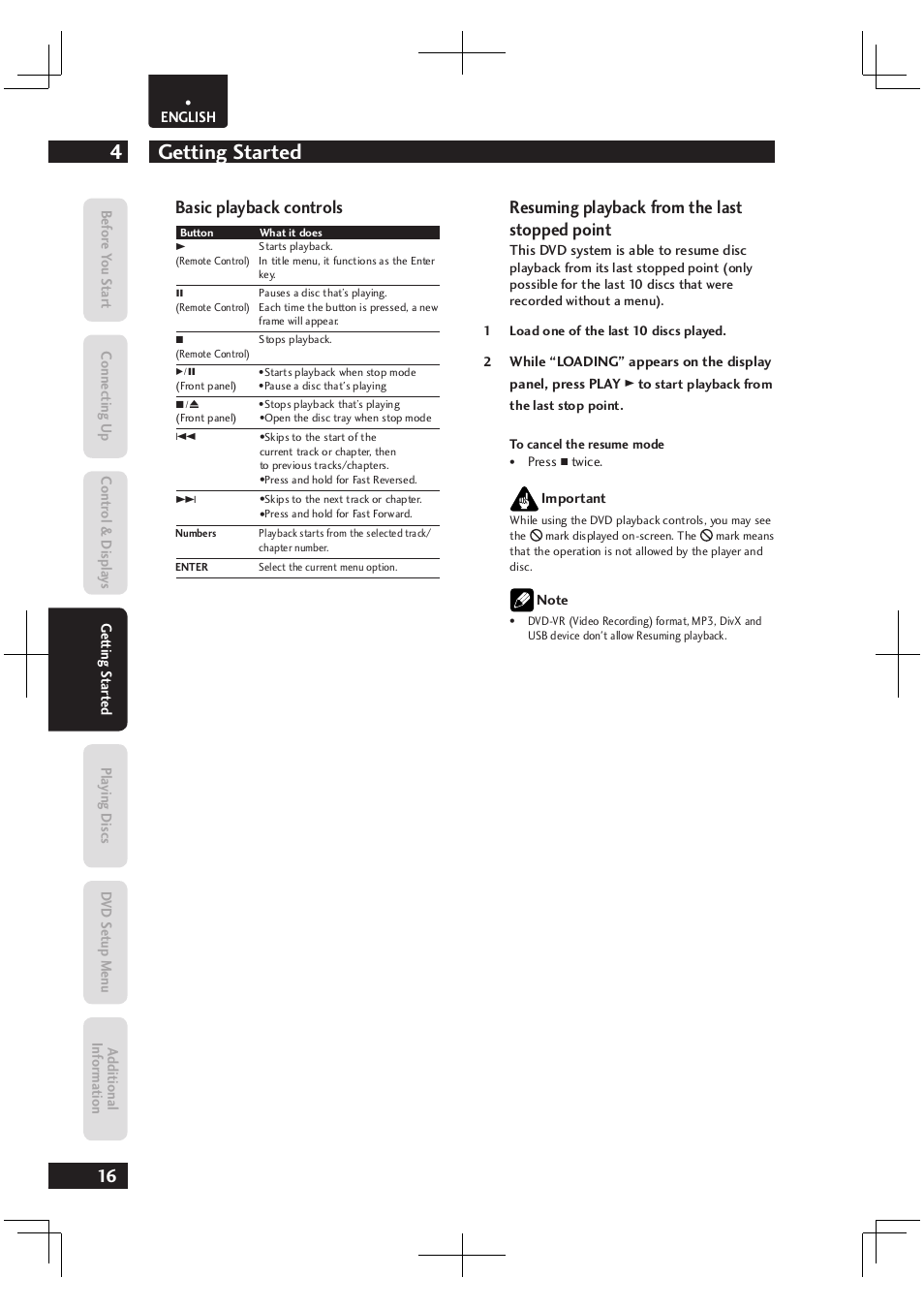 Getting started 4, Basic playback controls, Resuming playback from the last stopped point | Marantz Dv4003 User Manual | Page 16 / 54