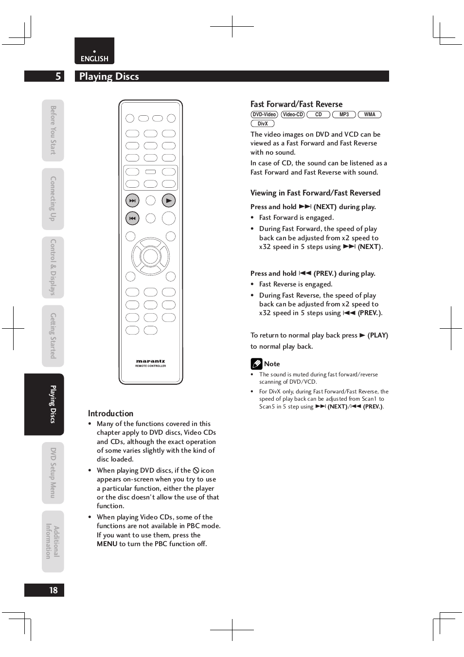 Playing discs 5, Fast forward/fast reverse, Introduction | Marantz Dv4003 User Manual | Page 18 / 54