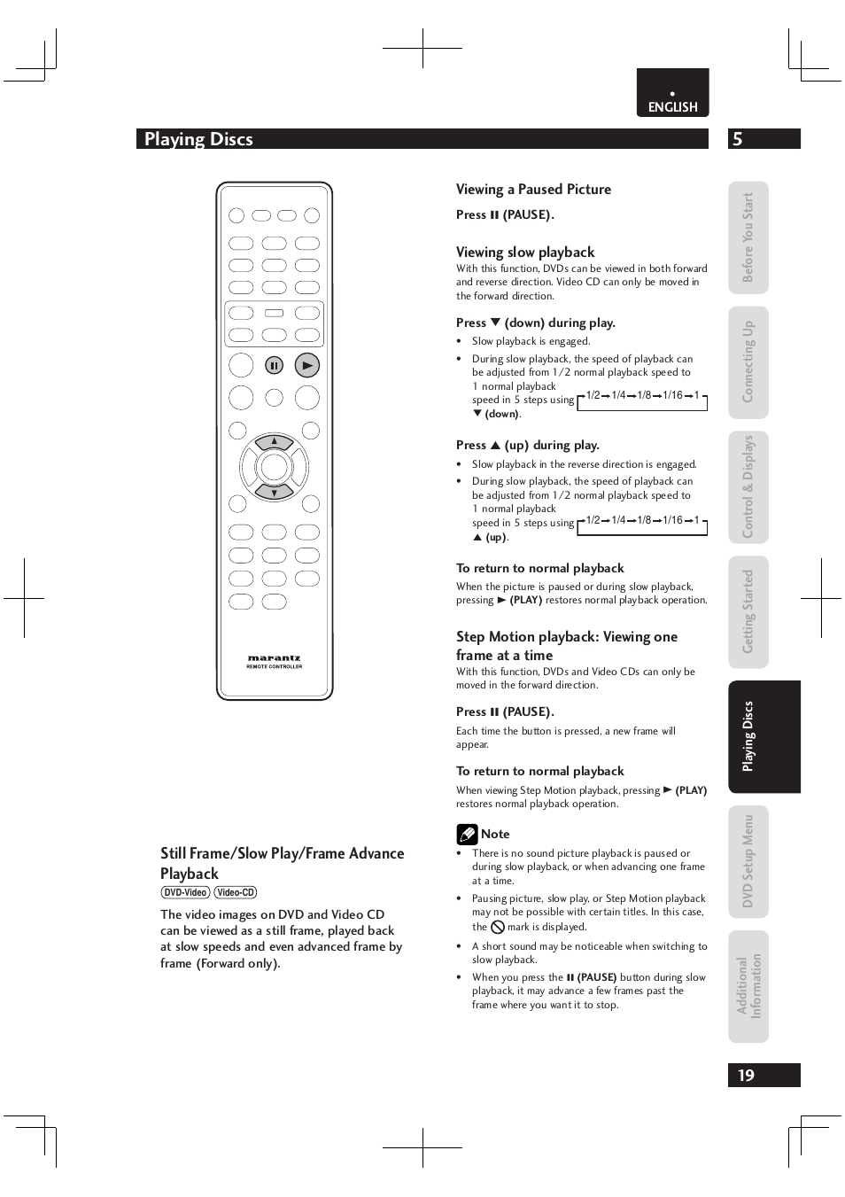 5playing discs, Still frame/slow play/frame advance playback | Marantz Dv4003 User Manual | Page 19 / 54