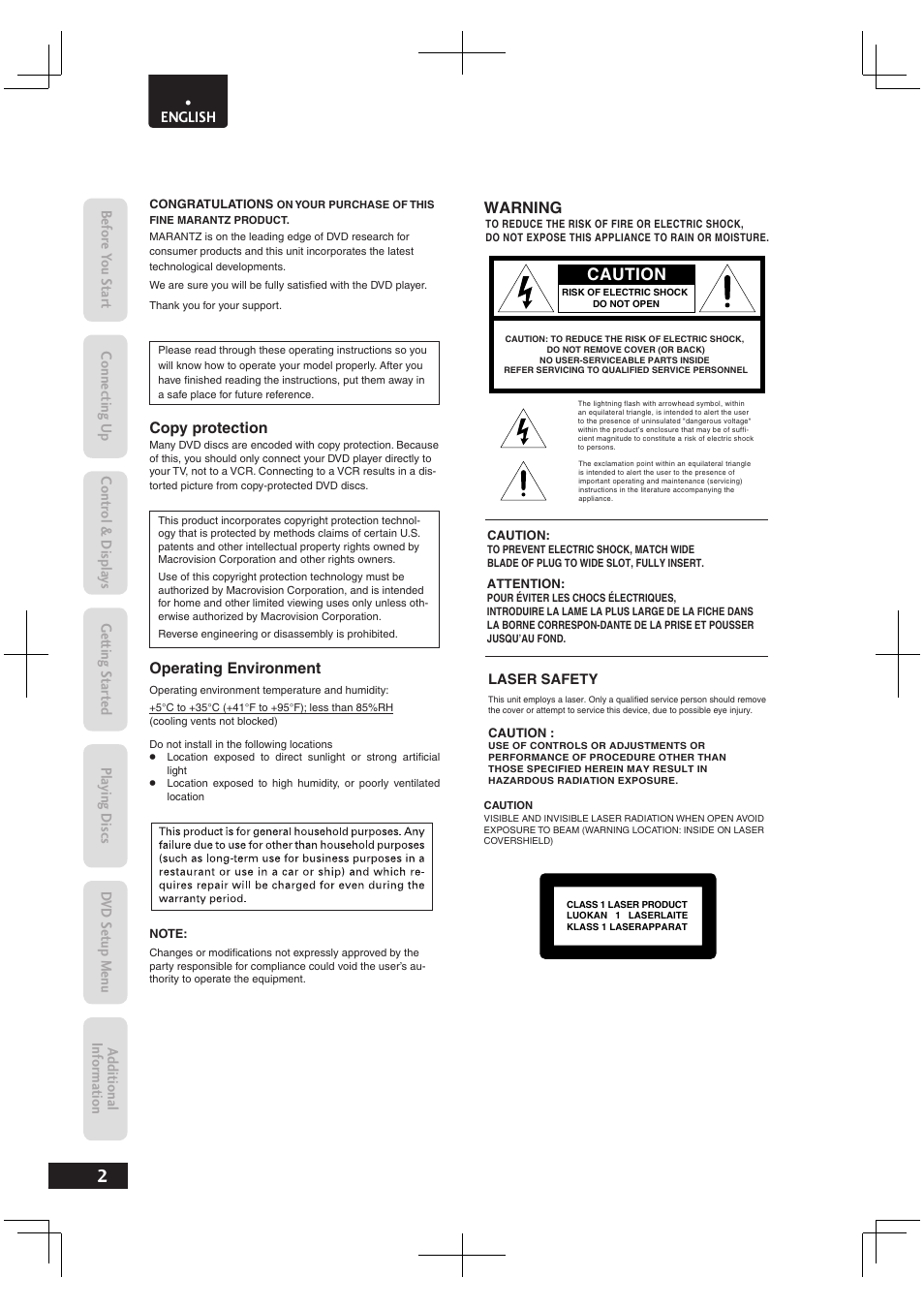 Caution | Marantz Dv4003 User Manual | Page 2 / 54