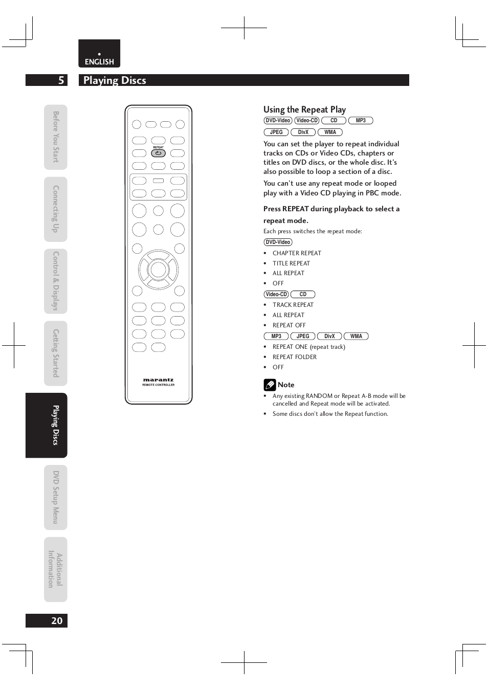 Playing discs 5, Using the repeat play | Marantz Dv4003 User Manual | Page 20 / 54