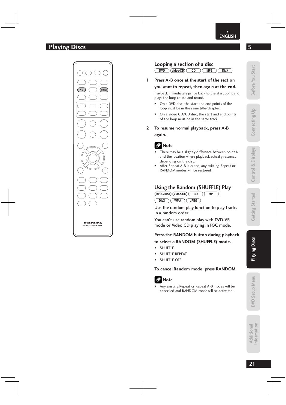 5playing discs, Using the random (shuffle) play | Marantz Dv4003 User Manual | Page 21 / 54
