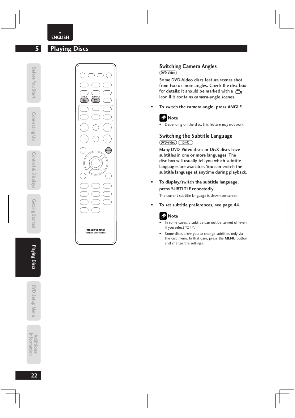 Playing discs 5, Switching camera angles, Switching the subtitle language | Marantz Dv4003 User Manual | Page 22 / 54