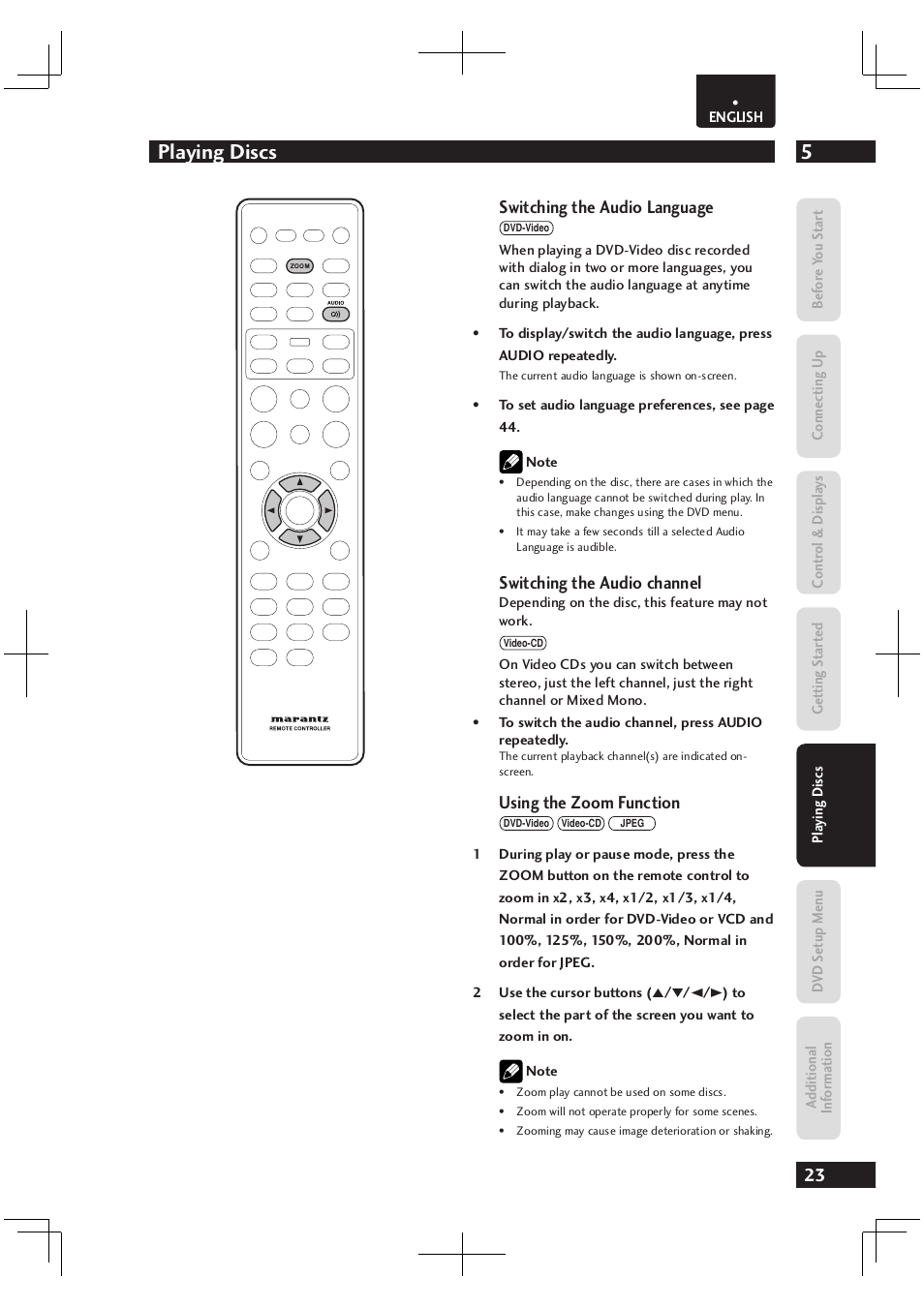 5playing discs, Switching the audio language, Switching the audio channel | Using the zoom function | Marantz Dv4003 User Manual | Page 23 / 54