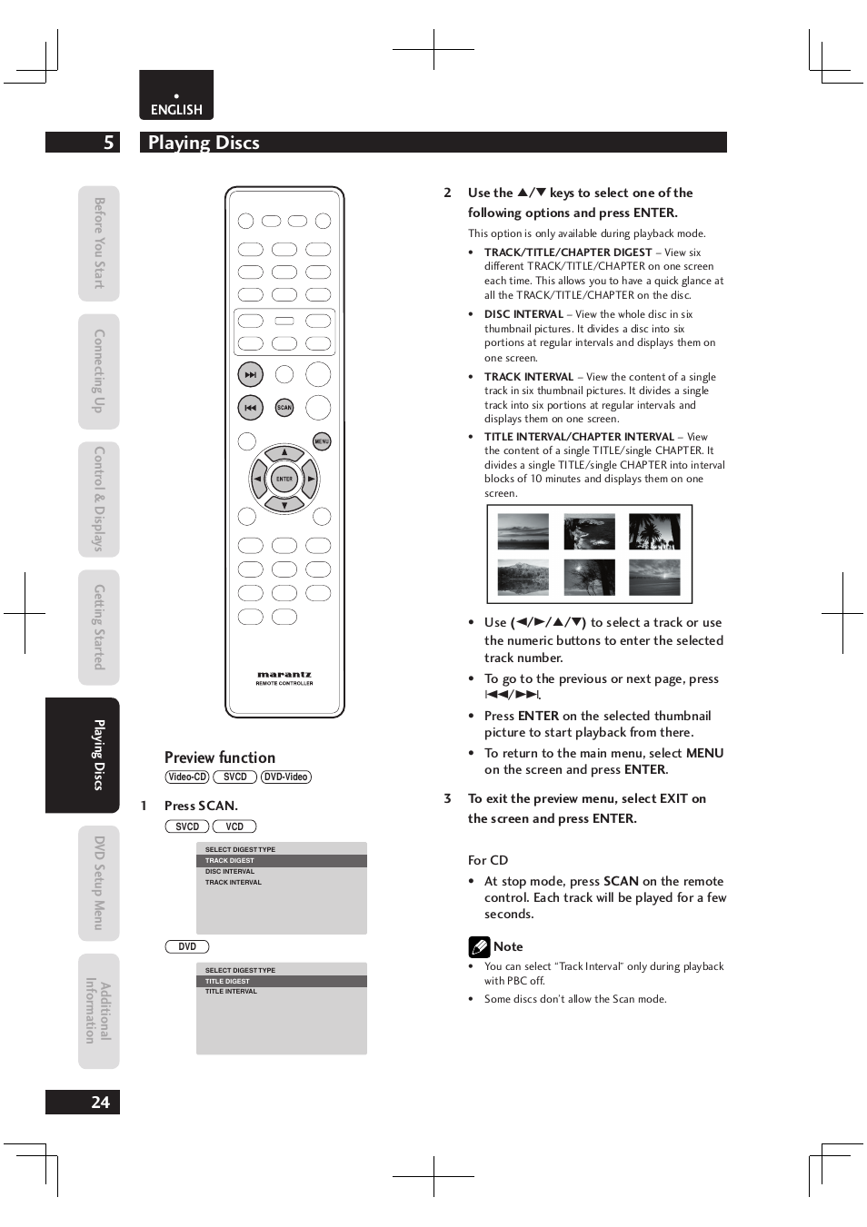 Playing discs 5, Preview function | Marantz Dv4003 User Manual | Page 24 / 54