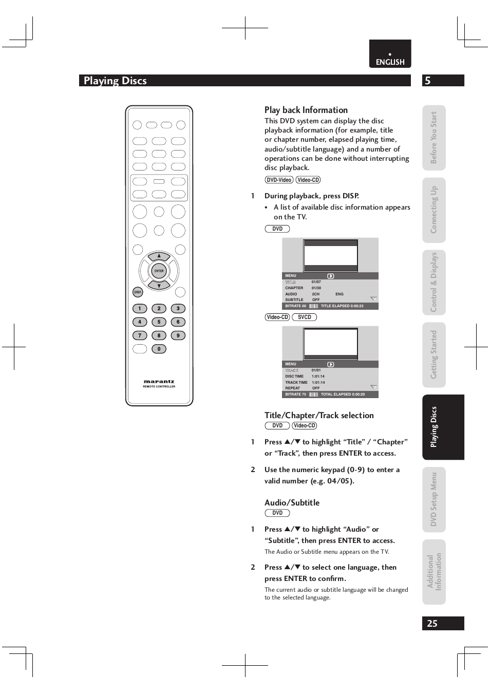 5playing discs, Play back information, Title/chapter/track selection | Audio/subtitle | Marantz Dv4003 User Manual | Page 25 / 54