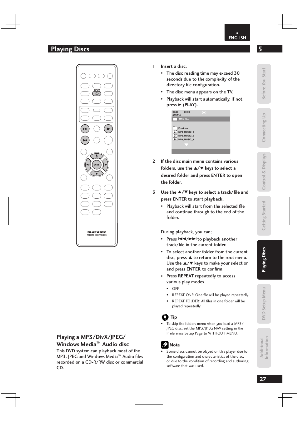 5playing discs, Playing a mp3/divx/jpeg/ windows media, Audio disc | Marantz Dv4003 User Manual | Page 27 / 54