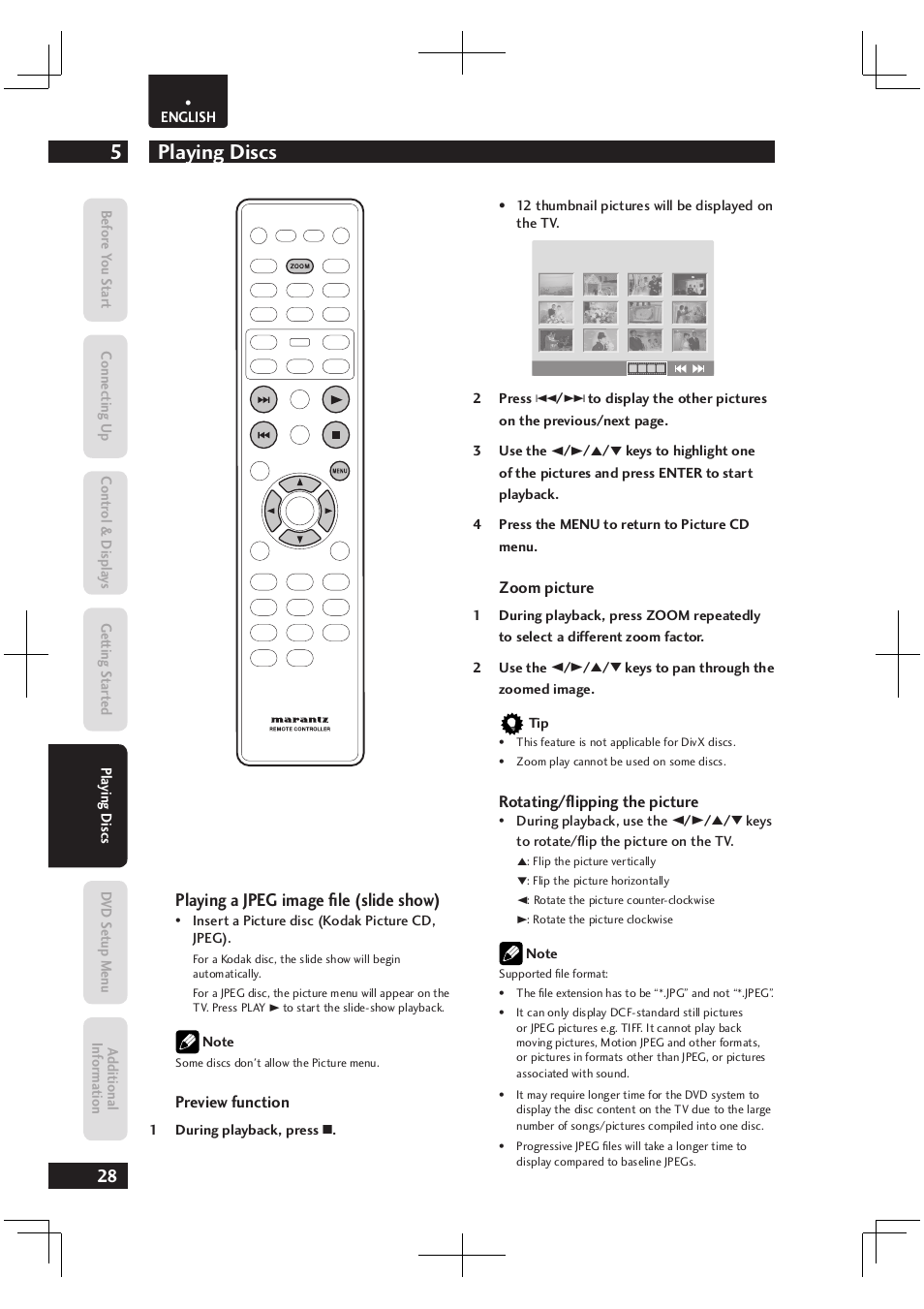 Playing discs 5, Playing a jpeg image fi le (slide show) | Marantz Dv4003 User Manual | Page 28 / 54