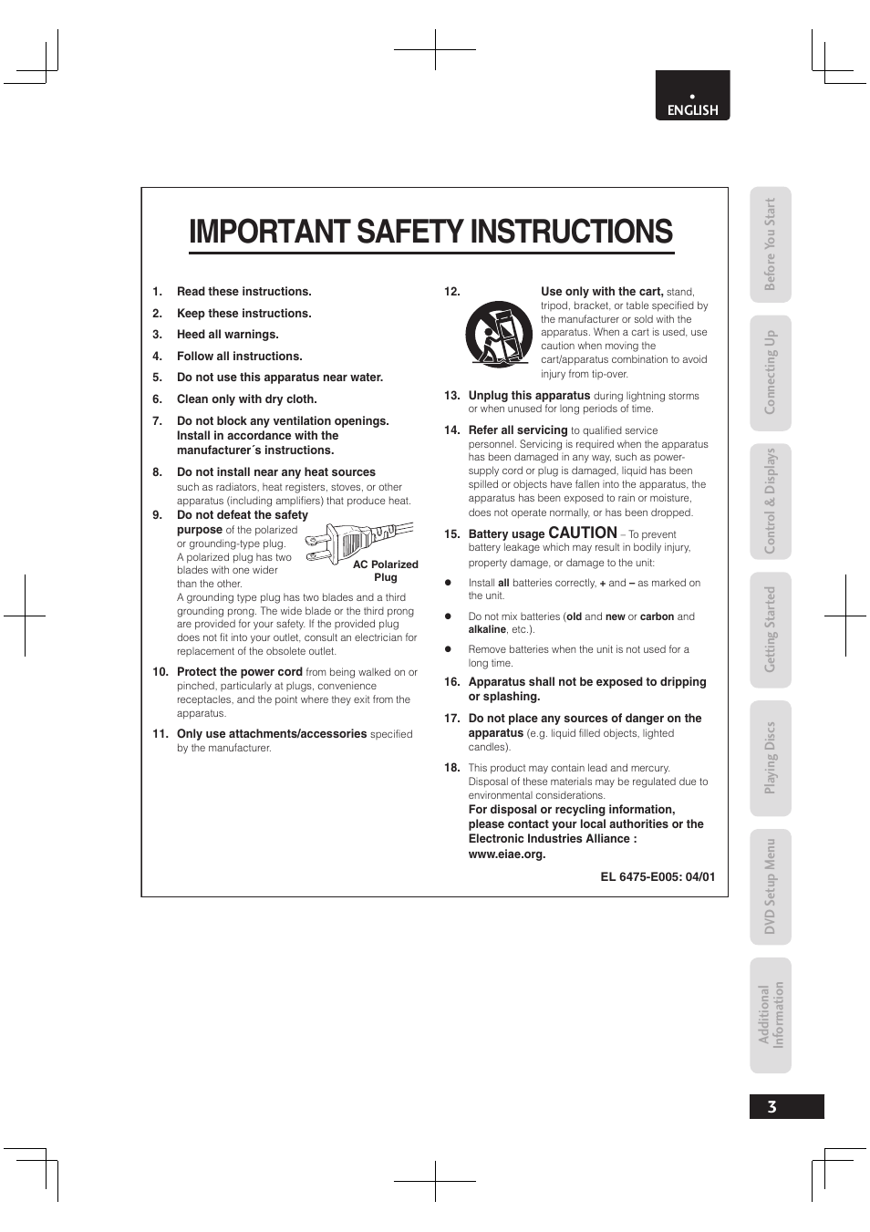 Important safety instructions | Marantz Dv4003 User Manual | Page 3 / 54