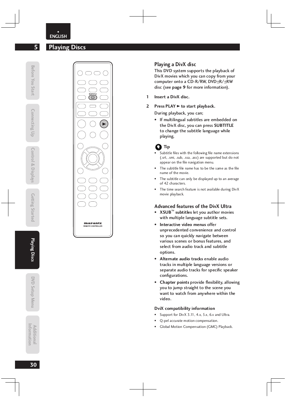 Playing discs 5, Playing a divx disc | Marantz Dv4003 User Manual | Page 30 / 54