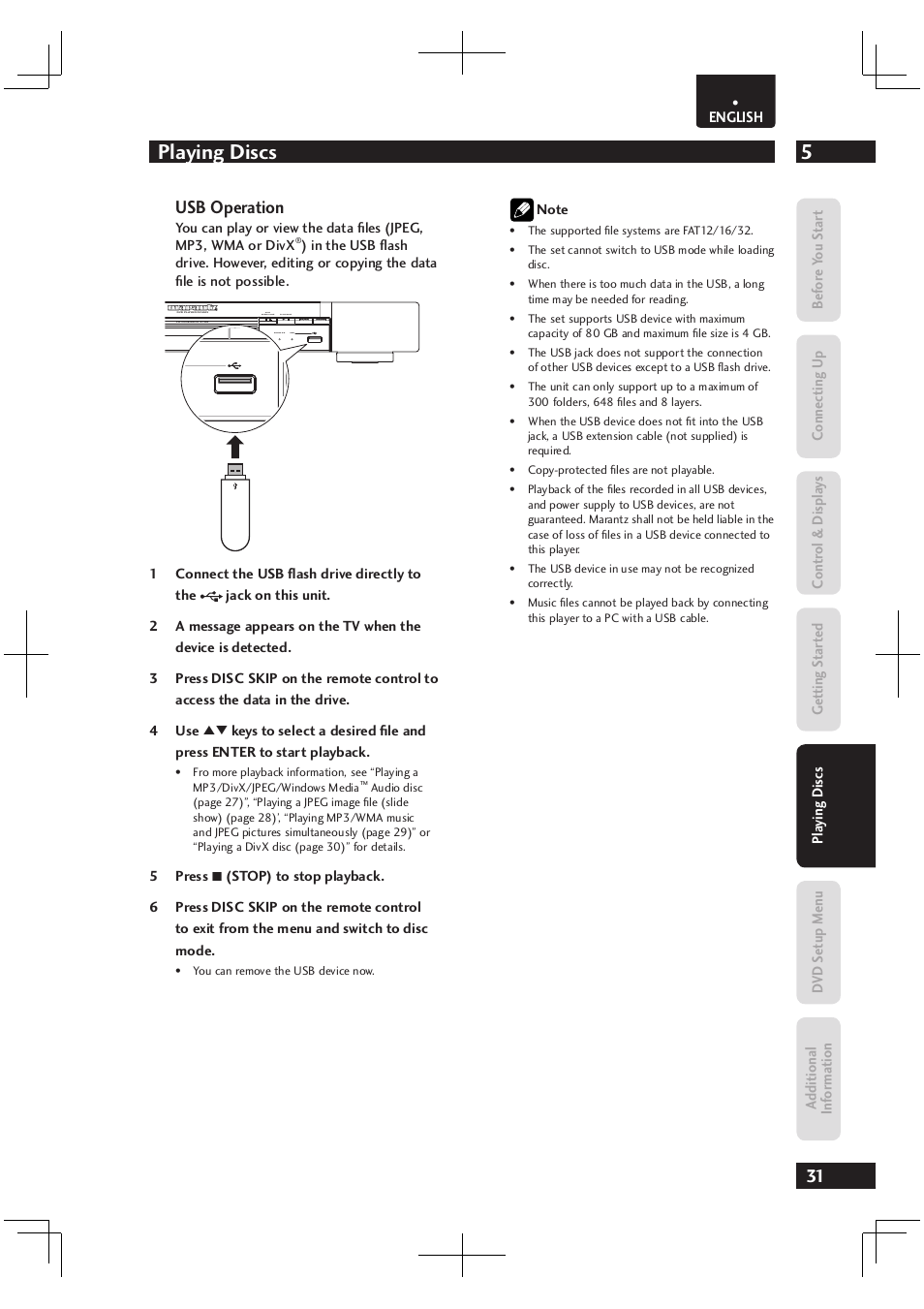 5playing discs, Usb operation | Marantz Dv4003 User Manual | Page 31 / 54