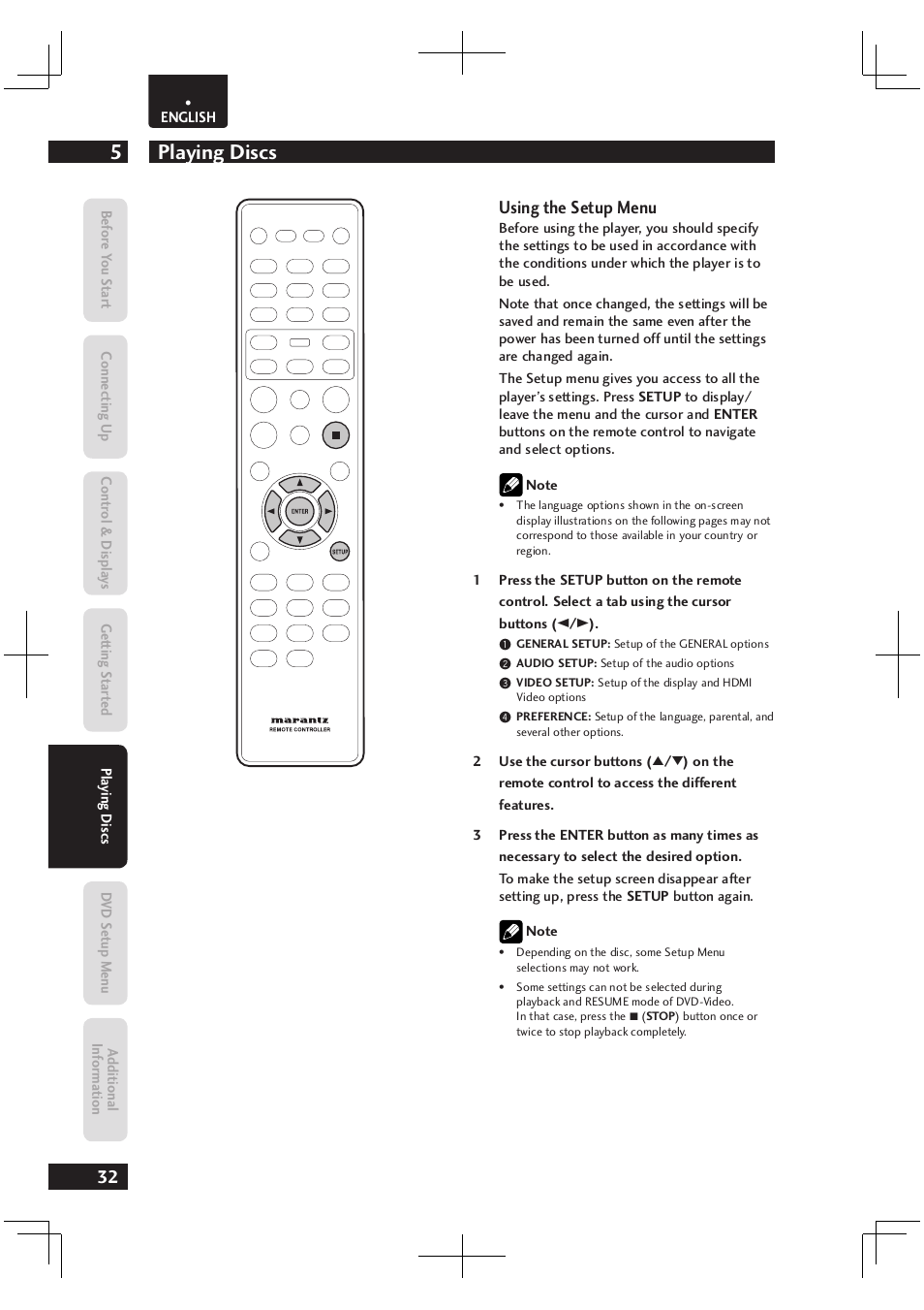 Playing discs 5, Using the setup menu | Marantz Dv4003 User Manual | Page 32 / 54