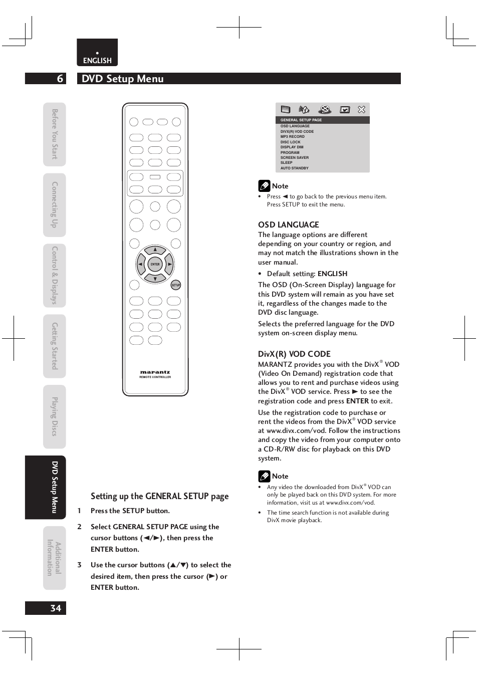 Dvd setup menu 6, Setting up the general setup page | Marantz Dv4003 User Manual | Page 34 / 54