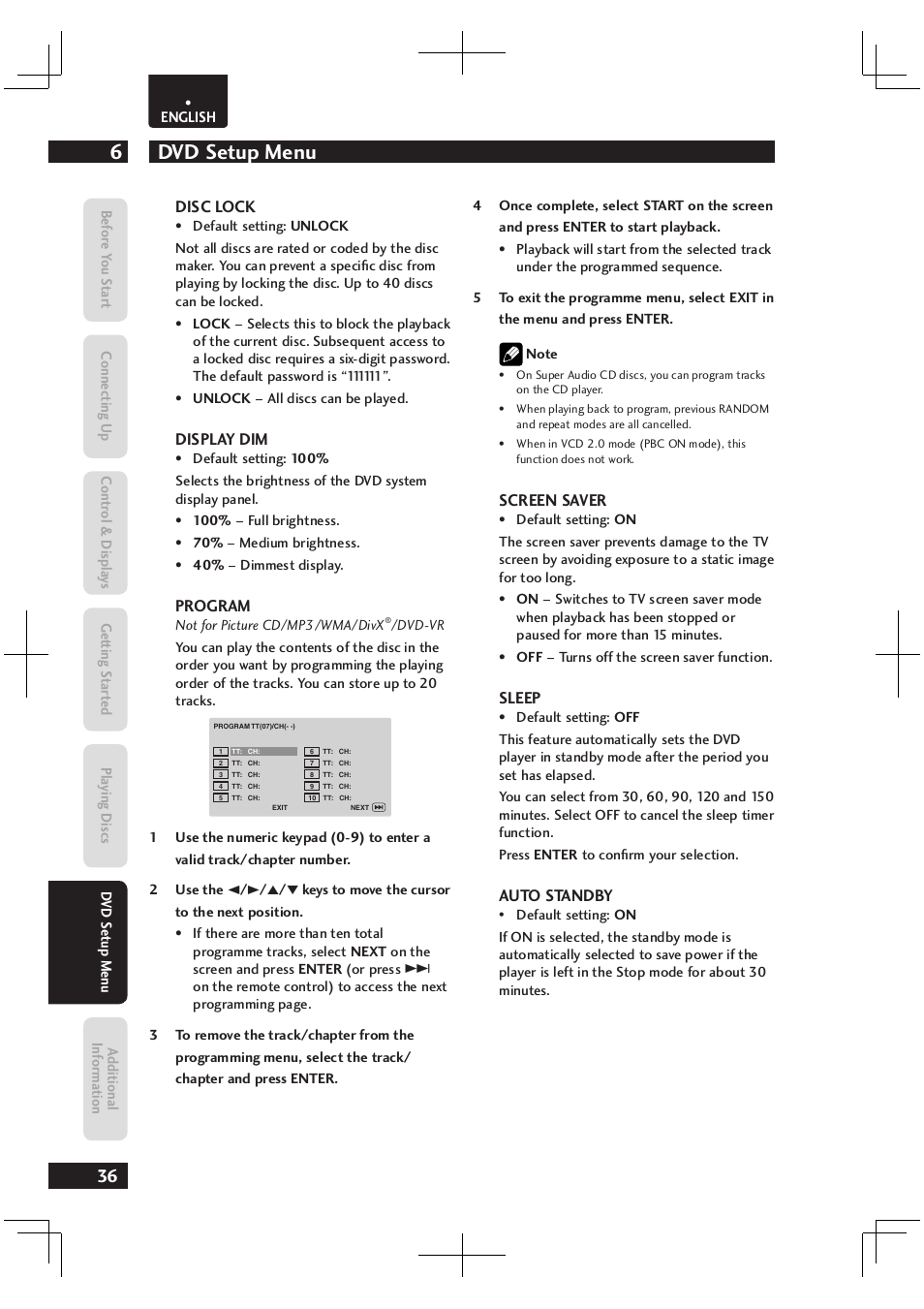 Dvd setup menu 6 | Marantz Dv4003 User Manual | Page 36 / 54