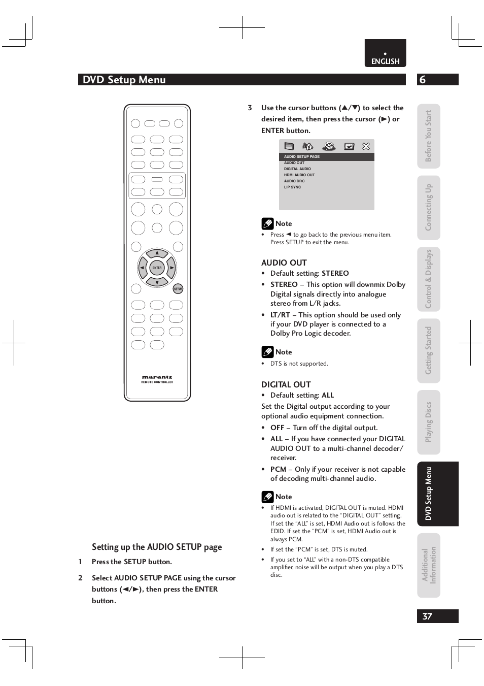 6dvd setup menu, Setting up the audio setup page | Marantz Dv4003 User Manual | Page 37 / 54