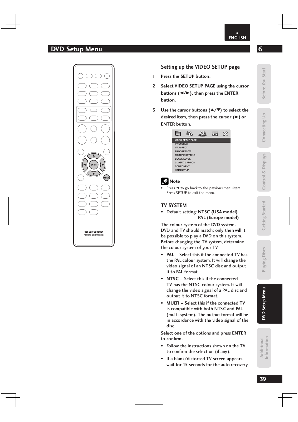 6dvd setup menu, Setting up the video setup page | Marantz Dv4003 User Manual | Page 39 / 54