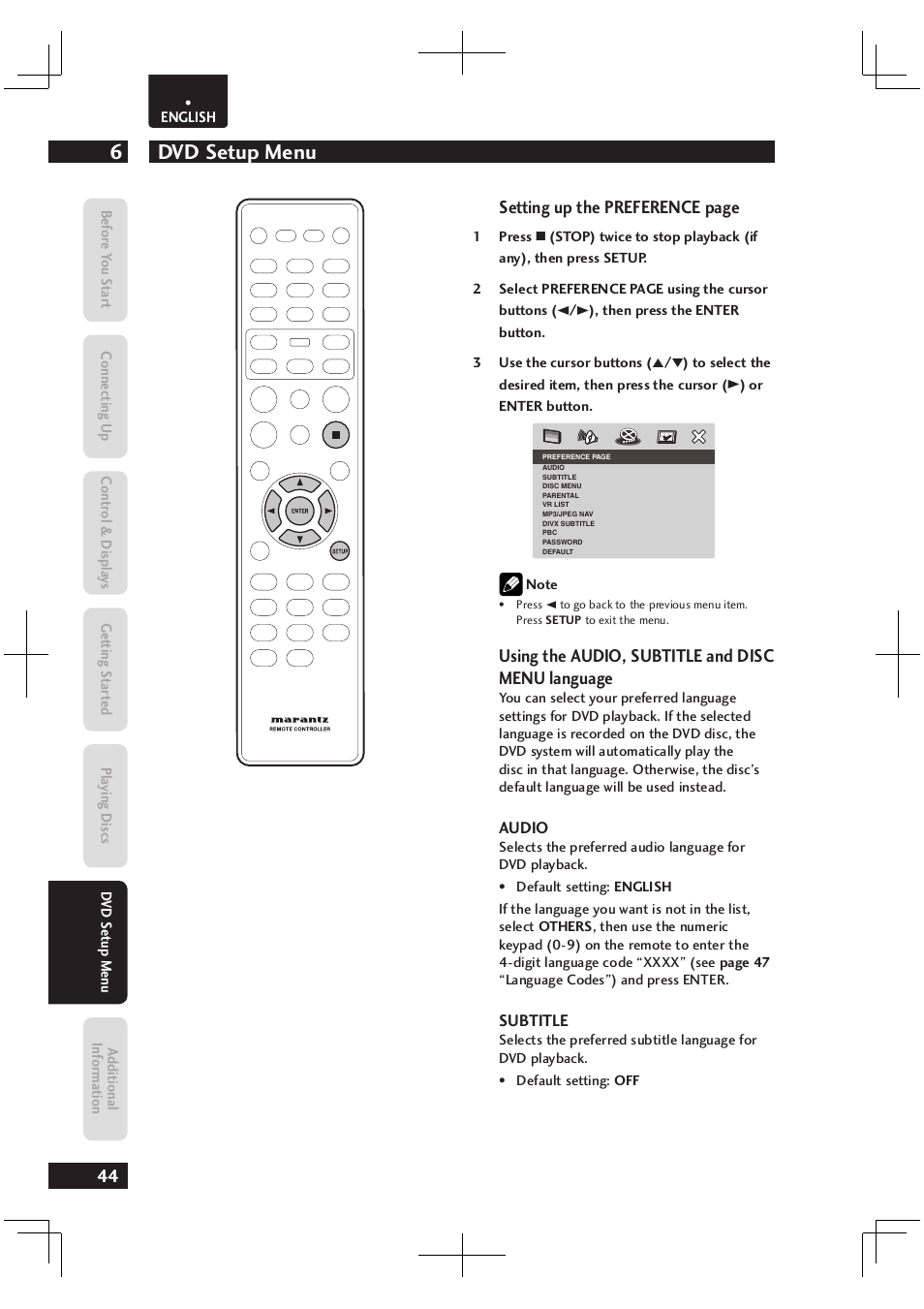 Dvd setup menu 6, Setting up the preference page, Using the audio, subtitle and disc menu language | Marantz Dv4003 User Manual | Page 44 / 54