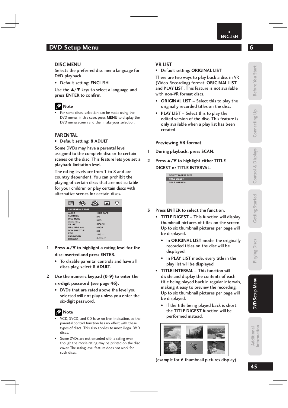 6dvd setup menu | Marantz Dv4003 User Manual | Page 45 / 54