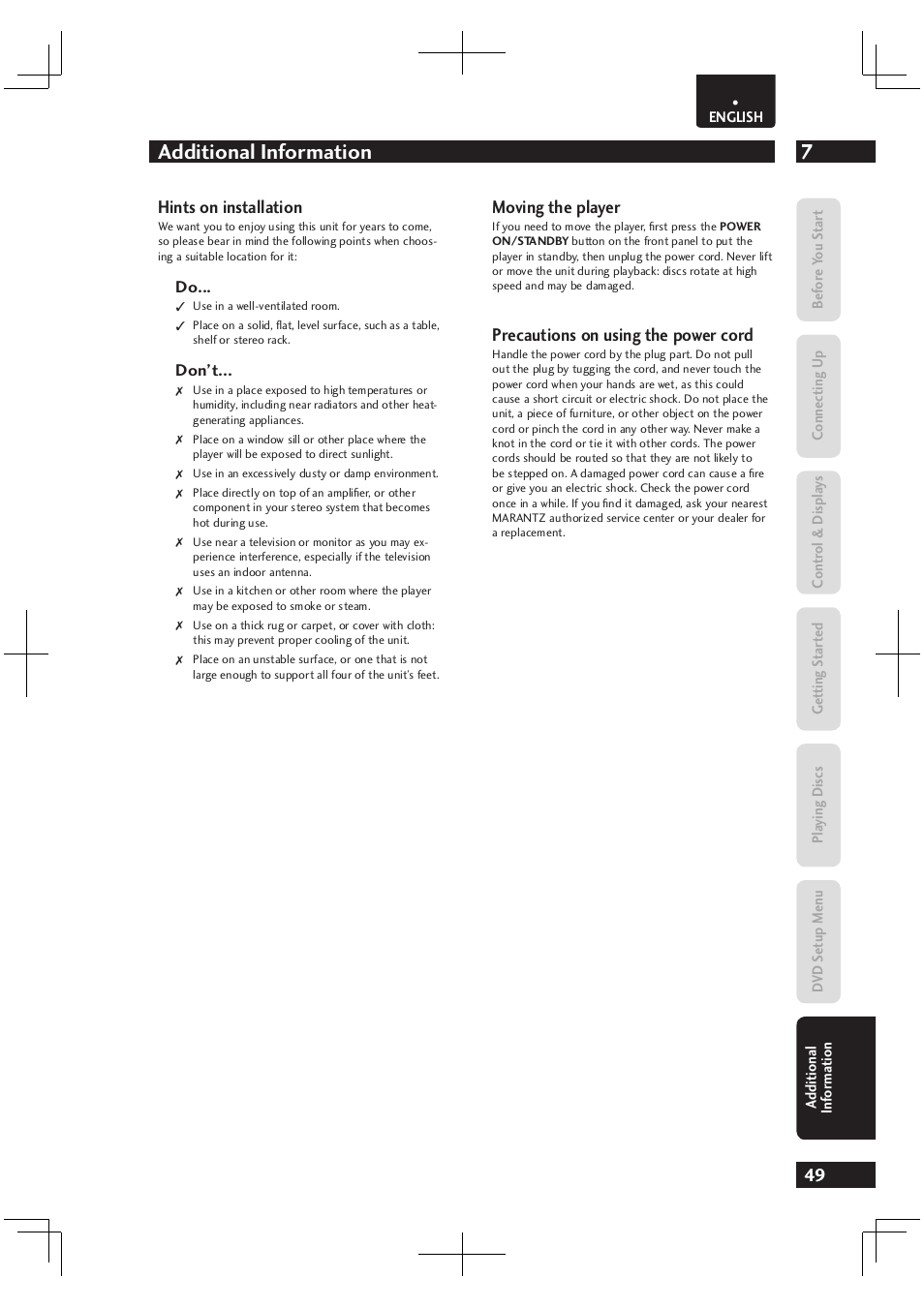 7additional information, Hints on installation, Moving the player | Precautions on using the power cord | Marantz Dv4003 User Manual | Page 49 / 54