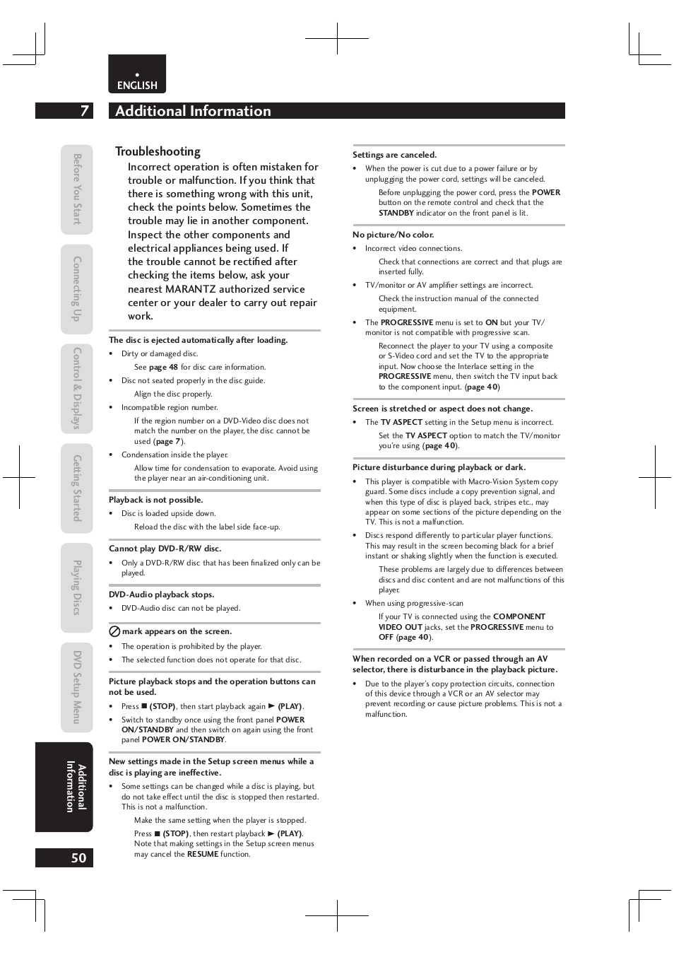 Additional information 7, Troubleshooting | Marantz Dv4003 User Manual | Page 50 / 54