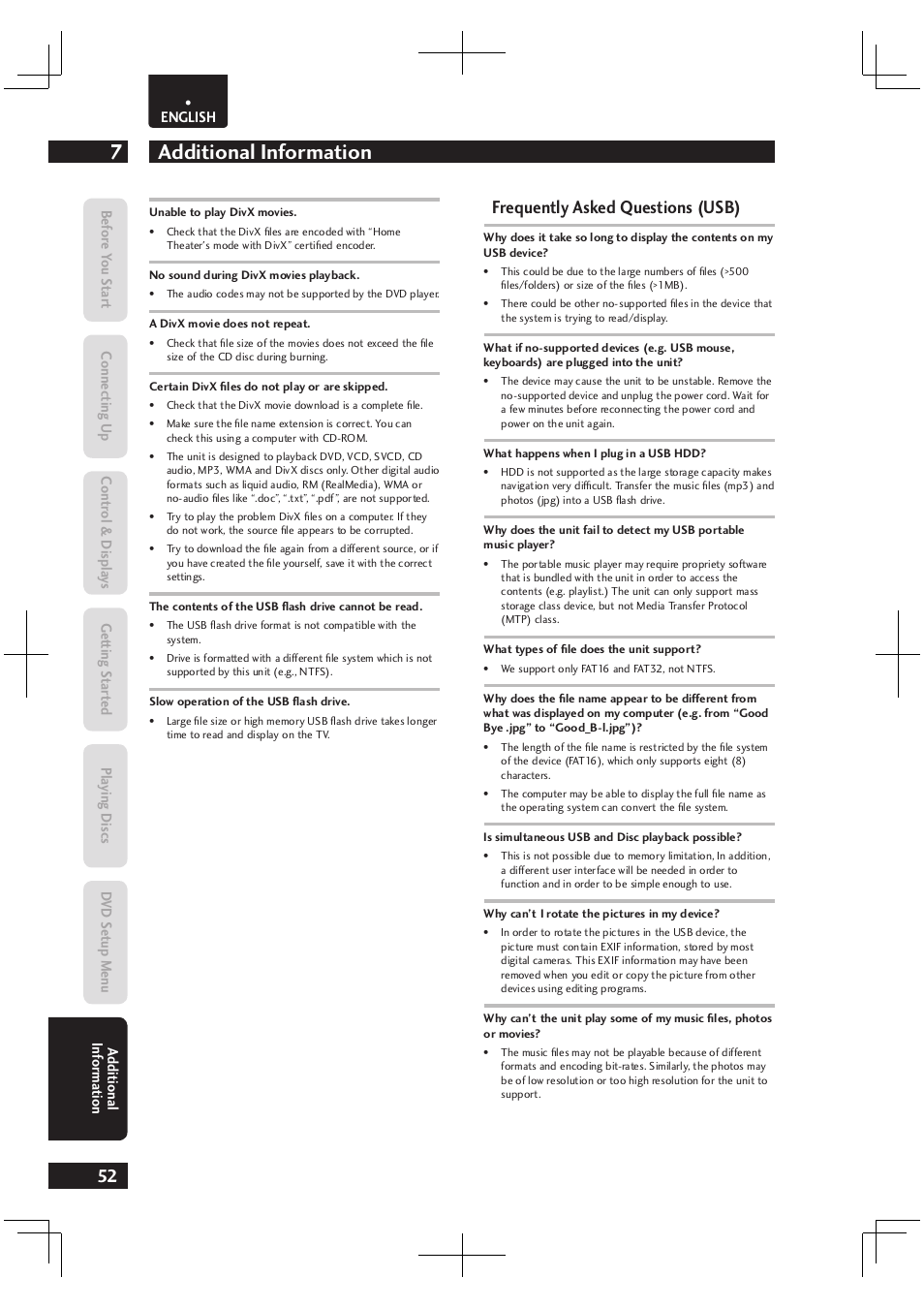 Additional information 7, Frequently asked questions (usb) | Marantz Dv4003 User Manual | Page 52 / 54
