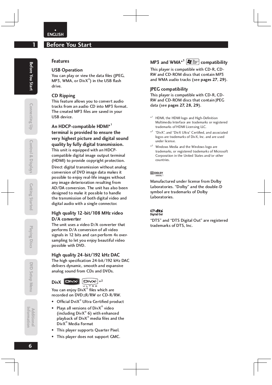Before you start 1, Features | Marantz Dv4003 User Manual | Page 6 / 54