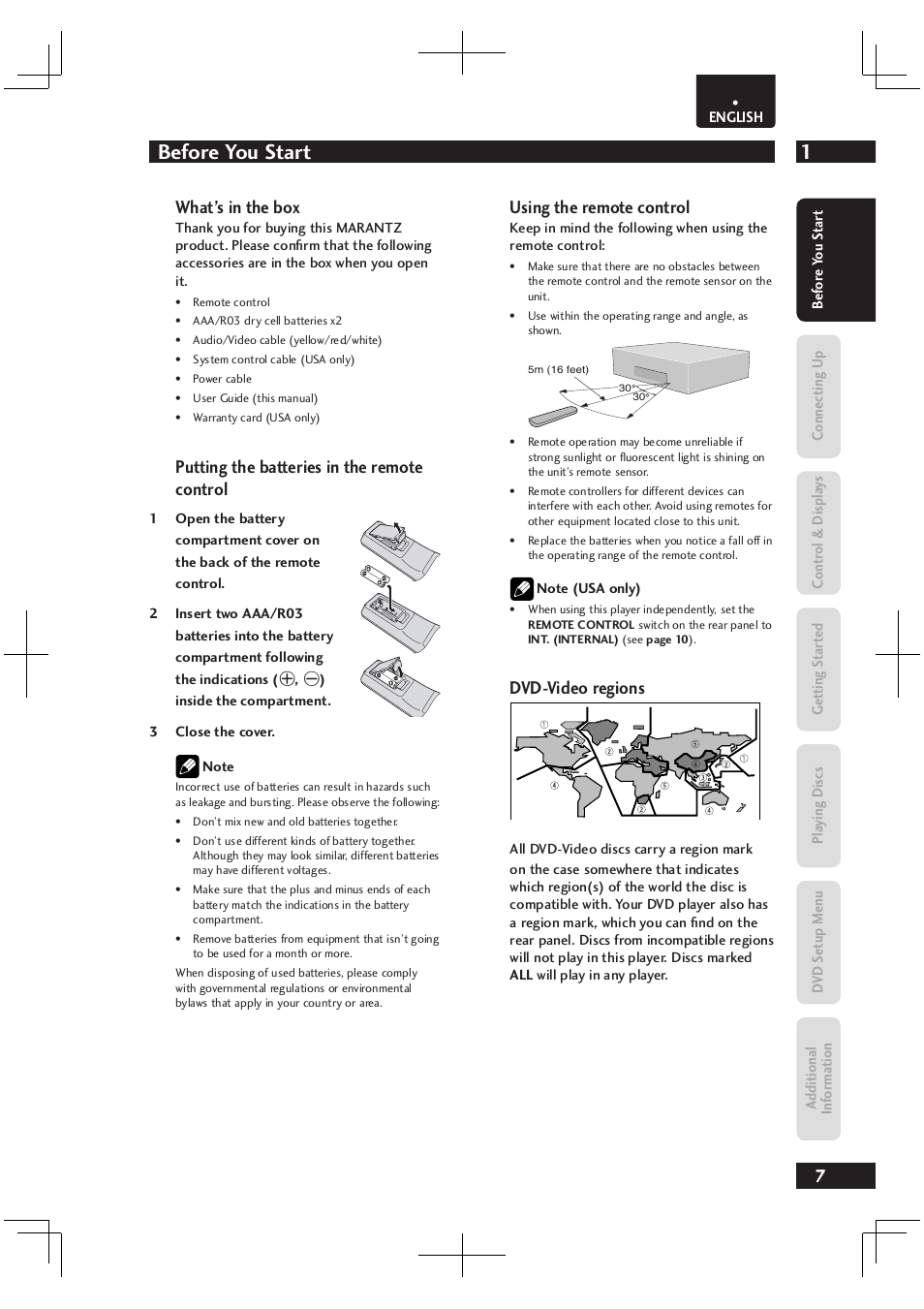 1before you start, What’s in the box, Putting the batteries in the remote control | Using the remote control, Dvd-video regions | Marantz Dv4003 User Manual | Page 7 / 54