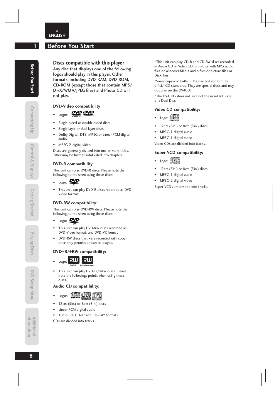 Before you start 1, Discs compatible with this player | Marantz Dv4003 User Manual | Page 8 / 54