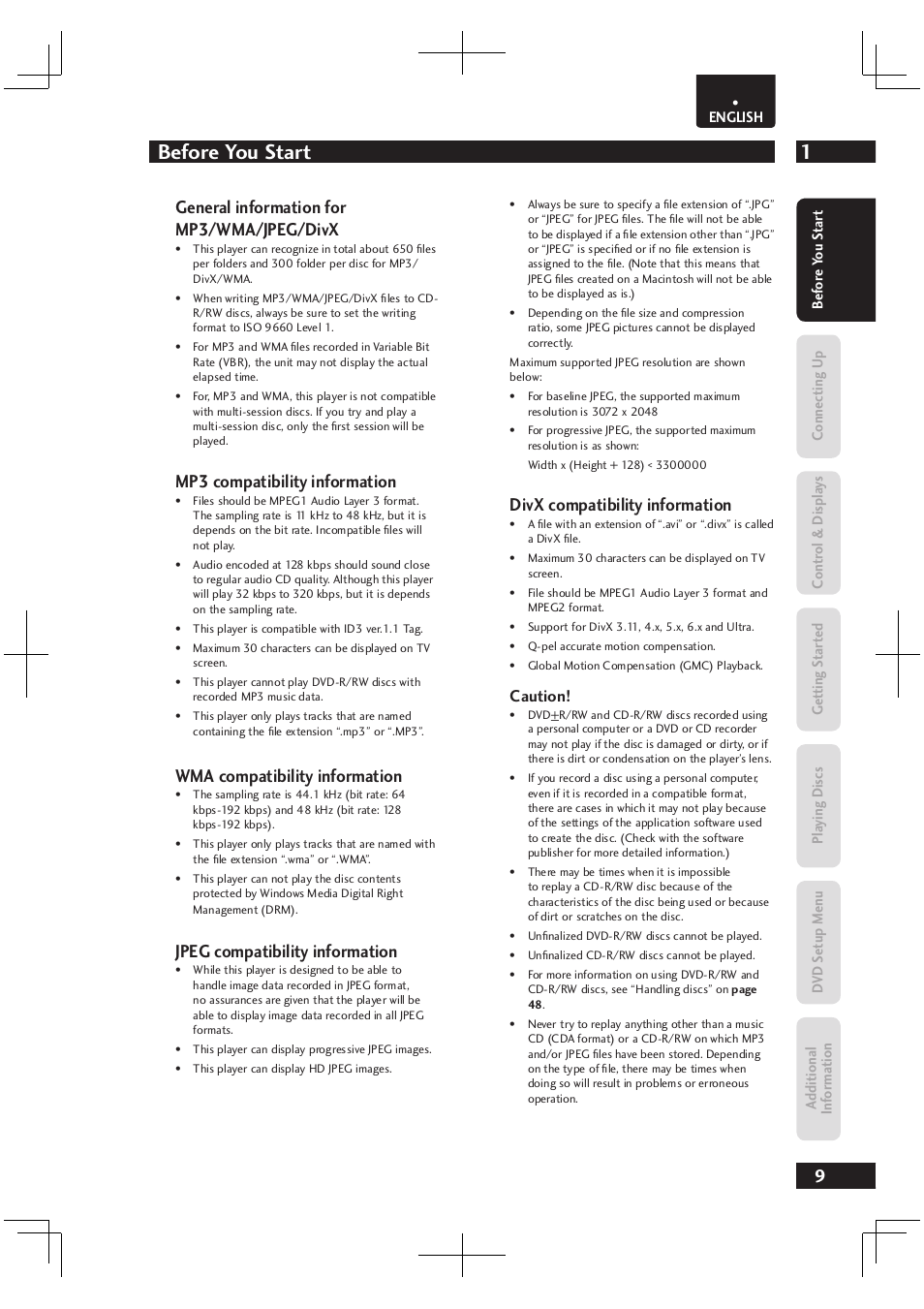 1before you start, General information for mp3/wma/jpeg/divx, Mp3 compatibility information | Wma compatibility information, Jpeg compatibility information, Divx compatibility information | Marantz Dv4003 User Manual | Page 9 / 54