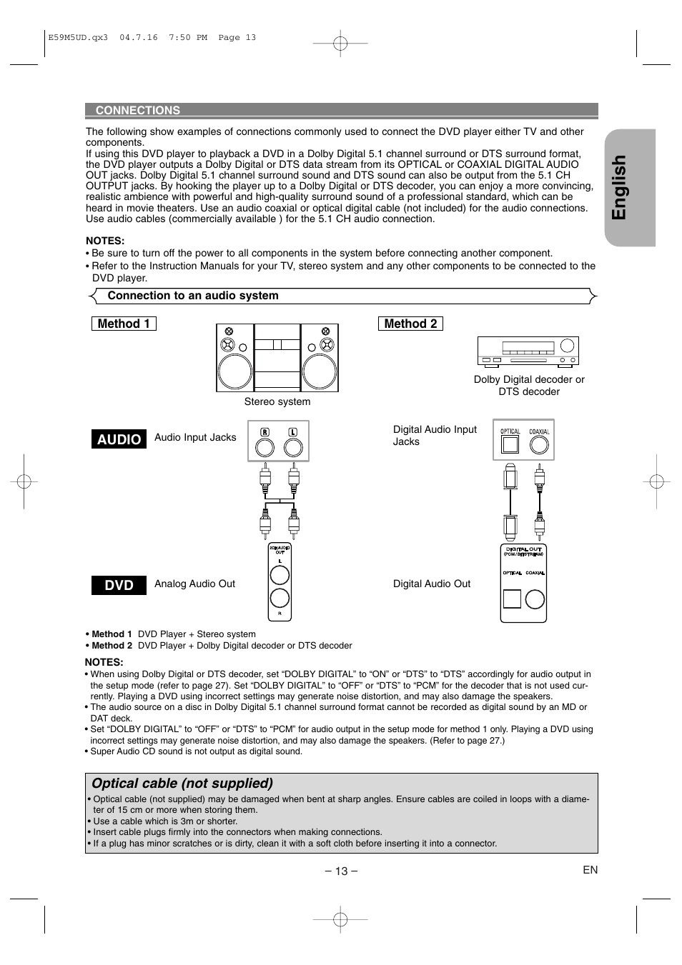 English, Audio dvd, Optical cable (not supplied) | Marantz DV6500 User Manual | Page 13 / 32
