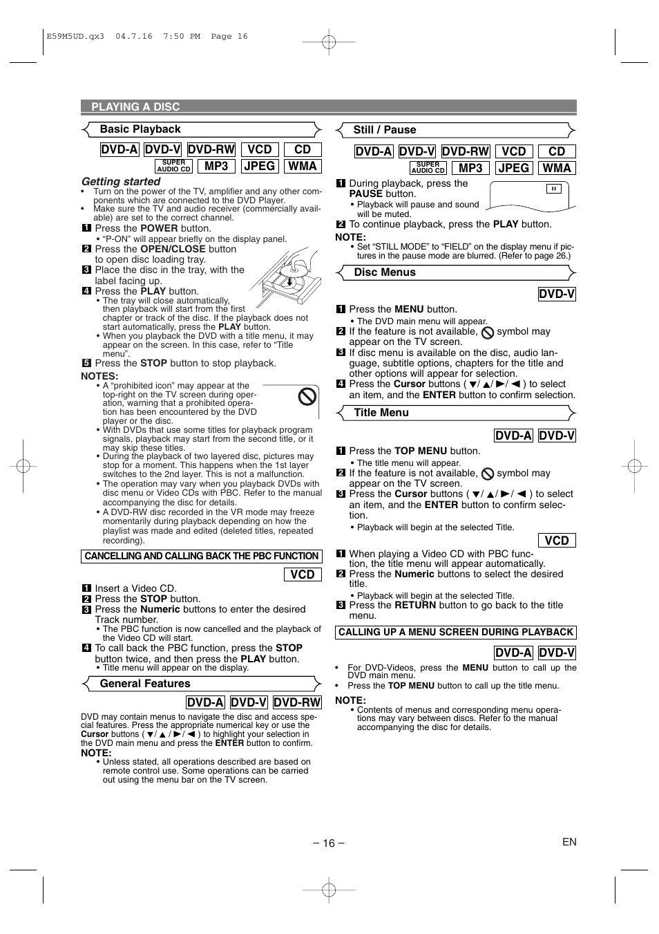 Wma jpeg mp3, Cd vcd dvd-rw dvd-v dvd-a, Dvd-v | Dvd-rw dvd-v dvd-a, Dvd-v dvd-a | Marantz DV6500 User Manual | Page 16 / 32