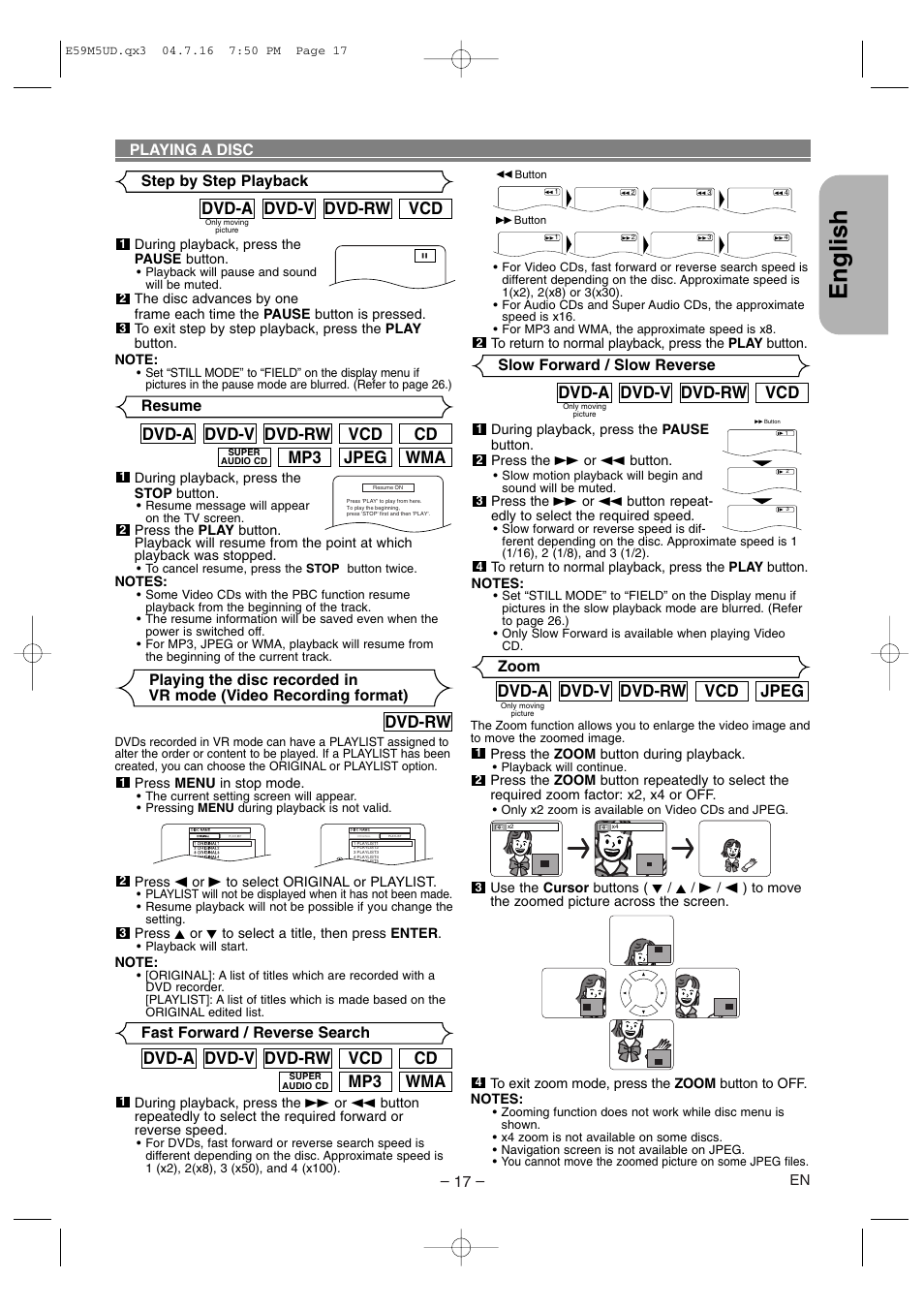English, Vcd dvd-rw dvd-v dvd-a, Jpeg vcd dvd-rw dvd-v dvd-a | Wma jpeg mp3, Cd vcd dvd-rw dvd-v dvd-a, Wma mp3, Dvd-rw | Marantz DV6500 User Manual | Page 17 / 32