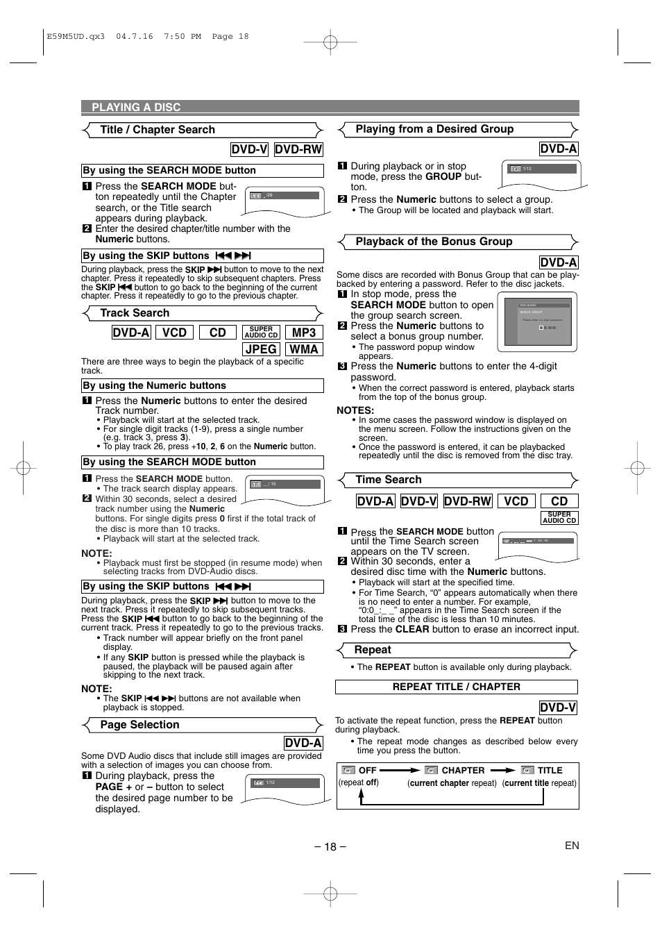 Wma jpeg mp3, Cd vcd dvd-a, Dvd-rw dvd-v | Dvd-v, Cd vcd dvd-rw dvd-v dvd-a, Dvd-a | Marantz DV6500 User Manual | Page 18 / 32