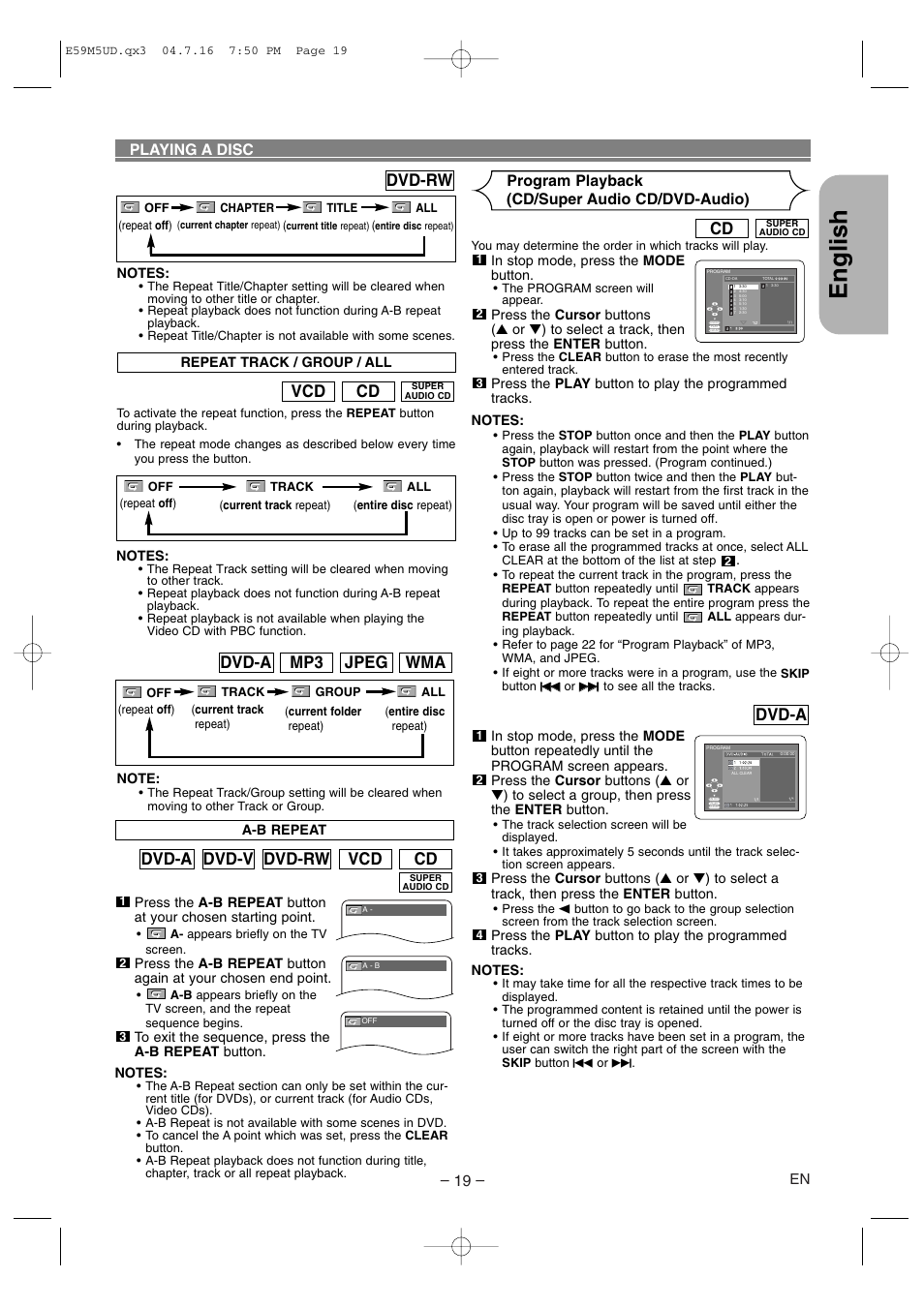 English, Cd vcd dvd-rw dvd-v dvd-a, Cd vcd | Wma jpeg mp3 dvd-a, Dvd-rw, Dvd-a, Playing a disc, Program playback (cd/super audio cd/dvd-audio) | Marantz DV6500 User Manual | Page 19 / 32