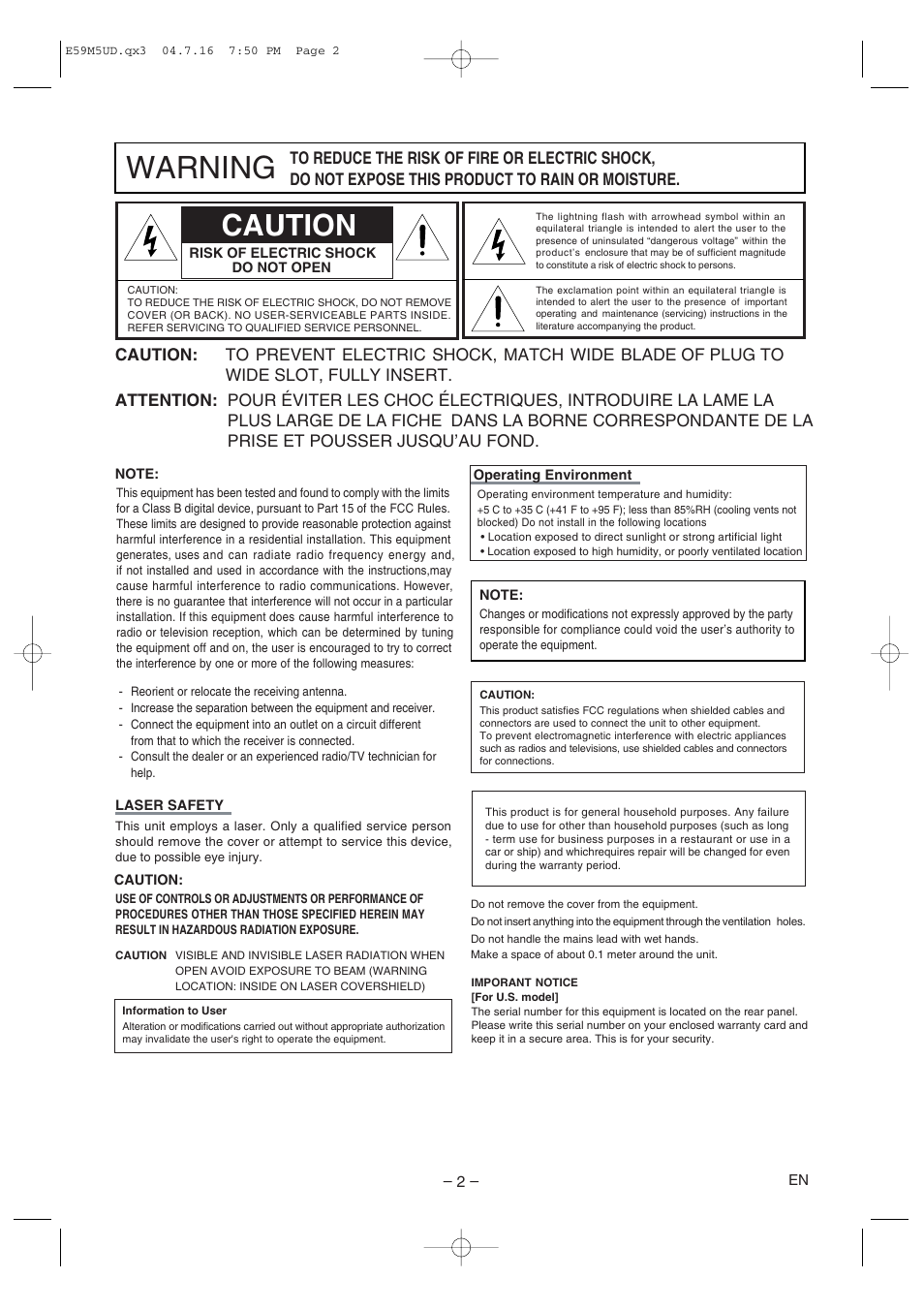 Warning, Caution | Marantz DV6500 User Manual | Page 2 / 32