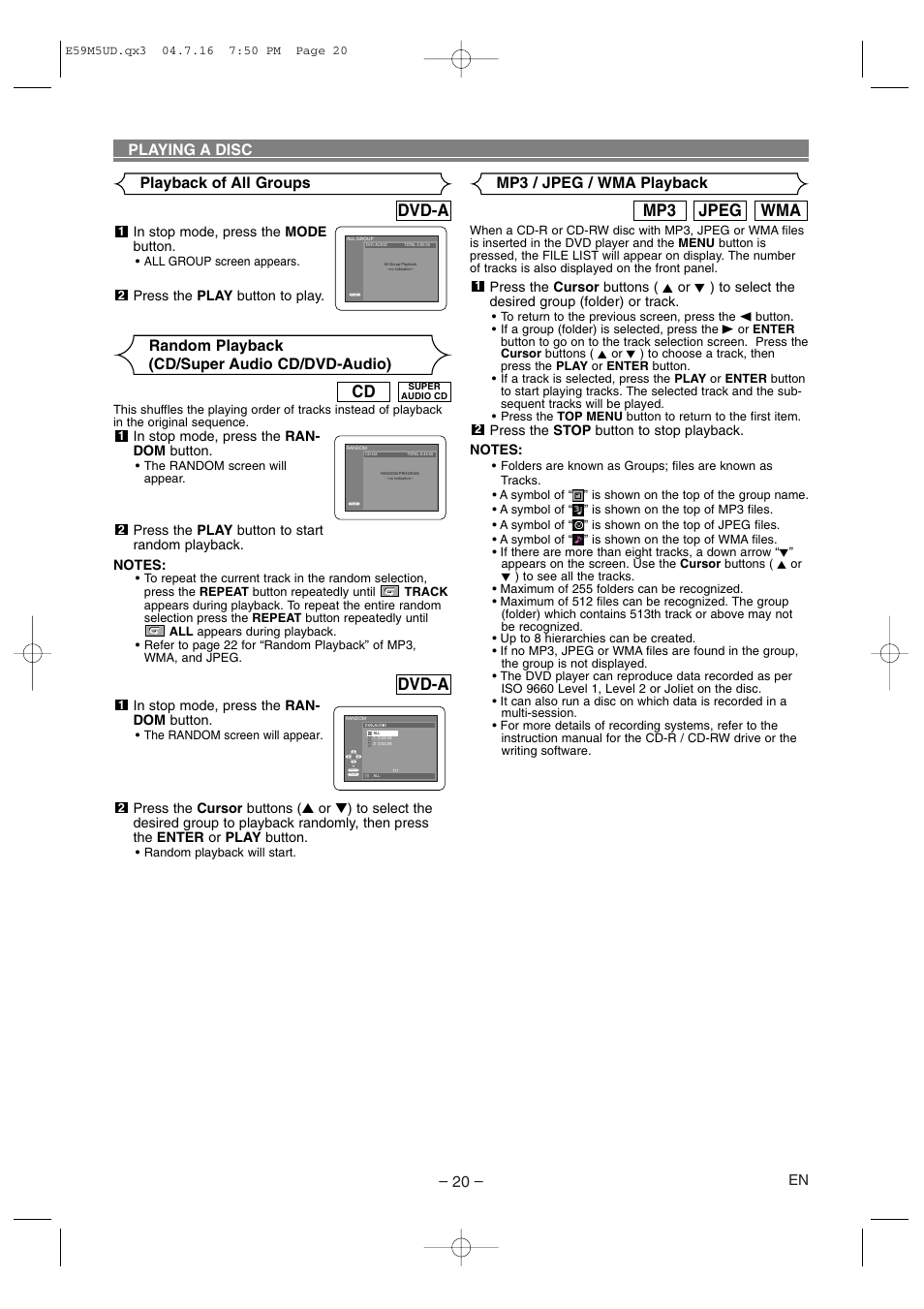 Wma jpeg mp3, Dvd-a, Playing a disc | Mp3 / jpeg / wma playback | Marantz DV6500 User Manual | Page 20 / 32