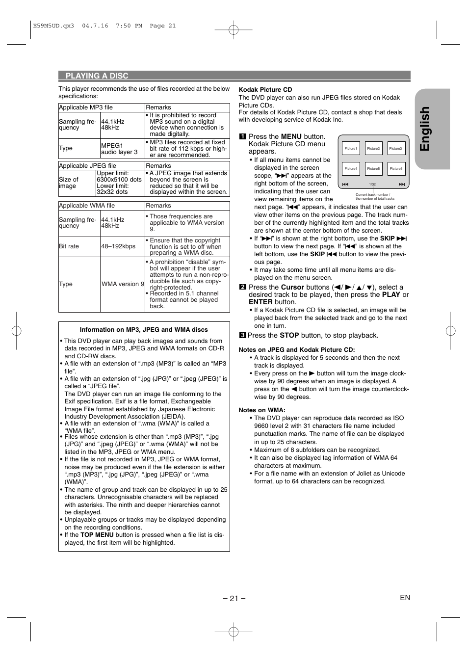 English, Playing a disc | Marantz DV6500 User Manual | Page 21 / 32