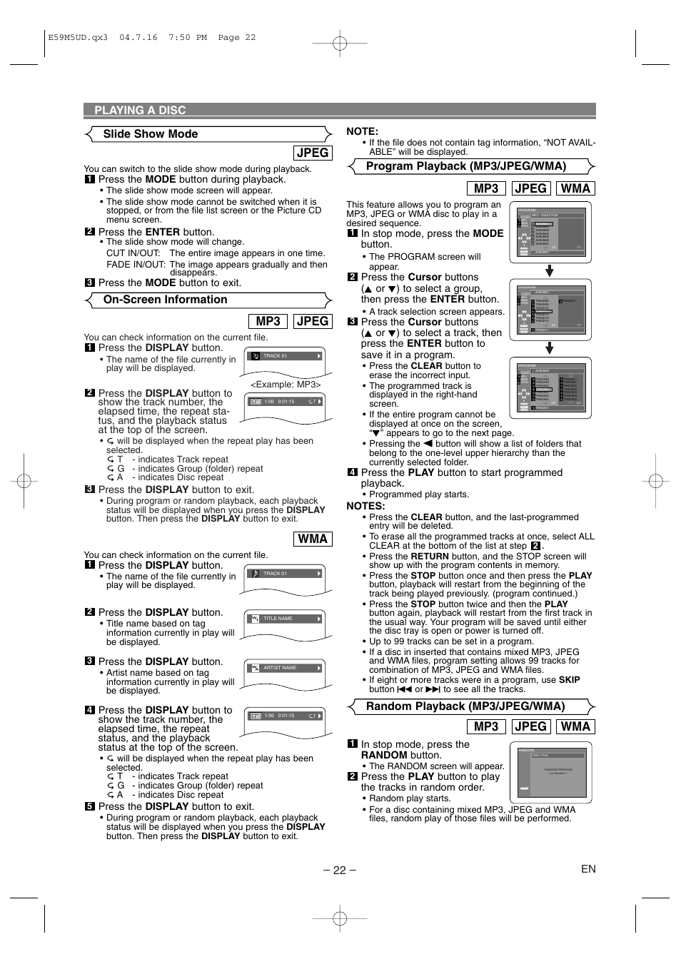Jpeg mp3, Jpeg, Wma jpeg mp3 | On-screen information, Slide show mode, Program playback (mp3/jpeg/wma), Random playback (mp3/jpeg/wma) playing a disc | Marantz DV6500 User Manual | Page 22 / 32
