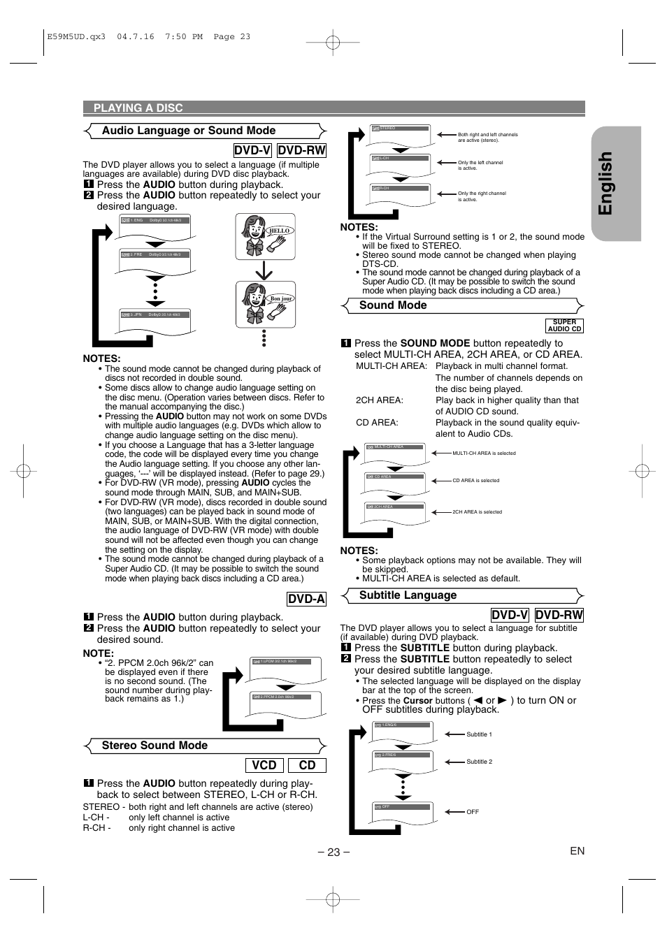 English, Dvd-rw dvd-v, Cd vcd | Dvd-a, Playing a disc audio language or sound mode, Stereo sound mode subtitle language, Sound mode | Marantz DV6500 User Manual | Page 23 / 32