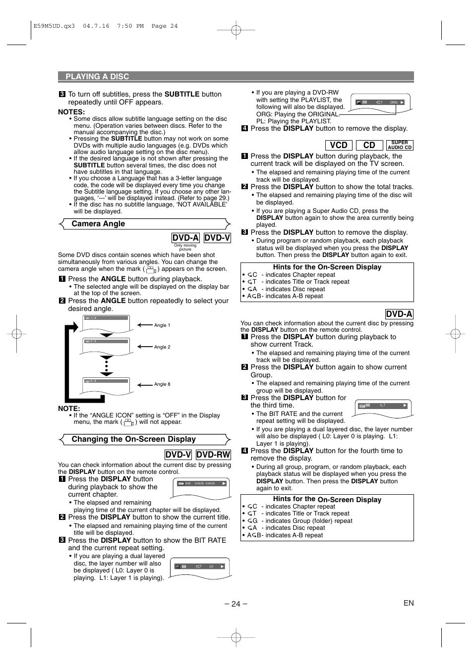 Dvd-rw dvd-v, Cd vcd, Dvd-v dvd-a | Dvd-a, Playing a disc, Changing the on-screen display, Camera angle | Marantz DV6500 User Manual | Page 24 / 32