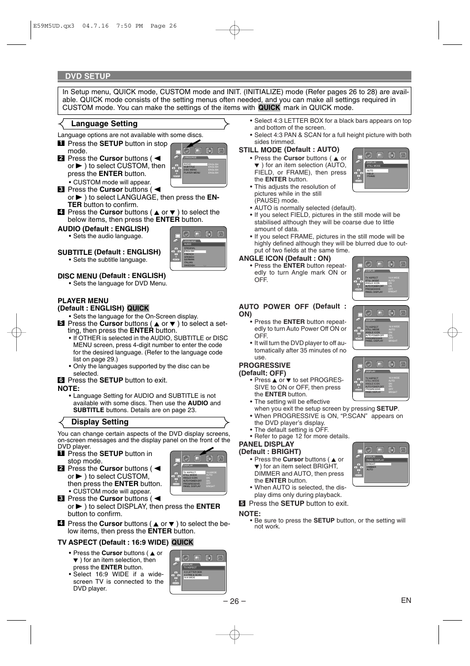 Display setting, Language setting dvd setup | Marantz DV6500 User Manual | Page 26 / 32