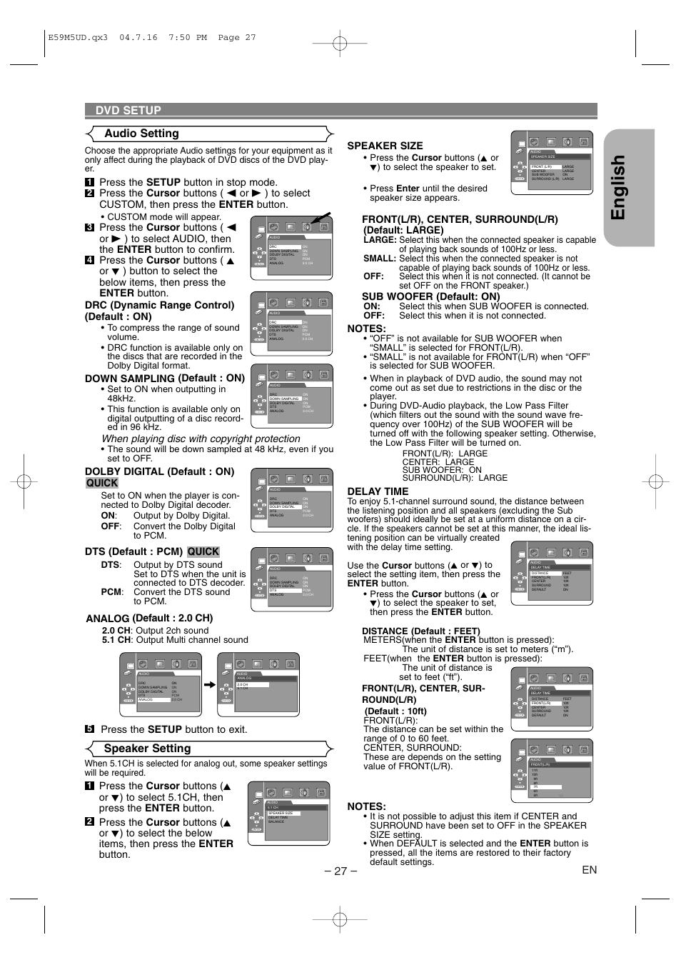 English, Dvd setup, Audio setting | Speaker setting, Speaker size, Front(l/r), center, surround(l/r) (default: large), Sub woofer (default: on), Delay time, Down sampling (default : on), When playing disc with copyright protection | Marantz DV6500 User Manual | Page 27 / 32