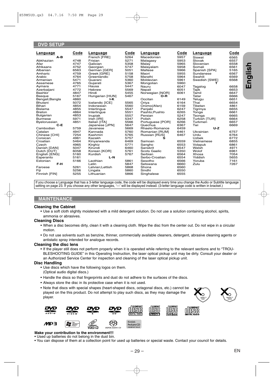 English, Dvd setup, Maintenance | Cleaning the cabinet, Cleaning discs, Cleaning the disc lens, Disc handling | Marantz DV6500 User Manual | Page 29 / 32